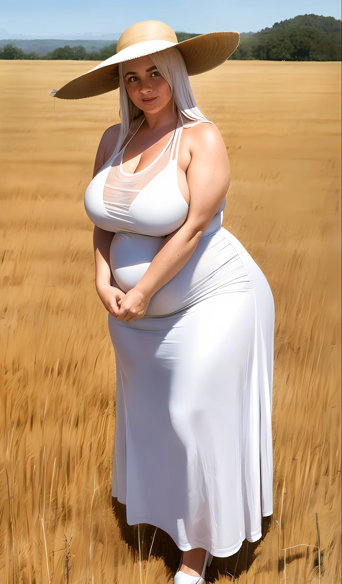 [full:upper:8] body photo of an attractive 30 year old beautiful woman wearing [white|beige] casual sundress and a sun hat standing in wheat field, solo, [caucasian|swedish|italian], messy long hair, [blonde:white:8] hair, (large green eyes), alluring body, large breasts, slim waist, luscious lips, freckles, looking at the viewer, front view, detailed face, detailed eyes, detailed clothes, rural area background, in front of a village, dust, dusty and dirty environment, drought, heatwave, sun rays, midday, summer, (heat distorted air), (heat distortion), soft lighting, cinematic lighting, backlight, desaturated, refracted sunlight, medium depth of field, high quality, ultradetailed, sharp focus, dslr, uhd, hdr, 8k, intricate details, hyperdetailed, f/5.6, absurdres, professional, photorealistic, photo-realistic, realism, hyperrealism, art photography, analog, award winning masterpiece, vintage, dynamic composition, fat, plump, wide hips