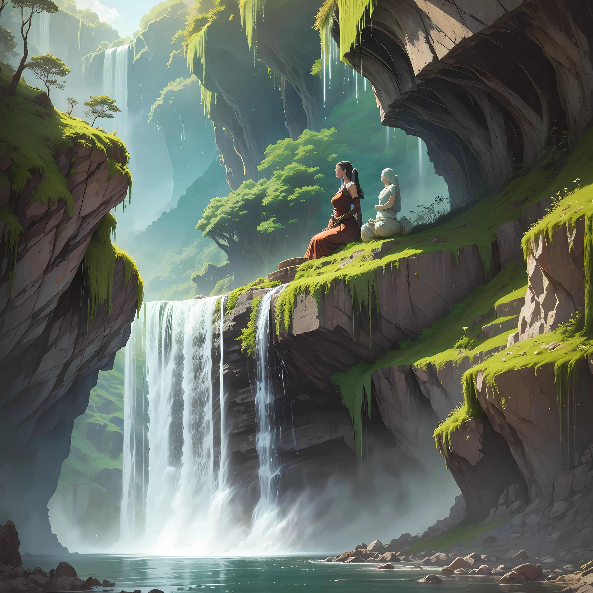 ((waterfall)) on Ancient giant sculpture of woman,carved into a cliff, water flows from the statue, the statue and covered with moss --auto --s2