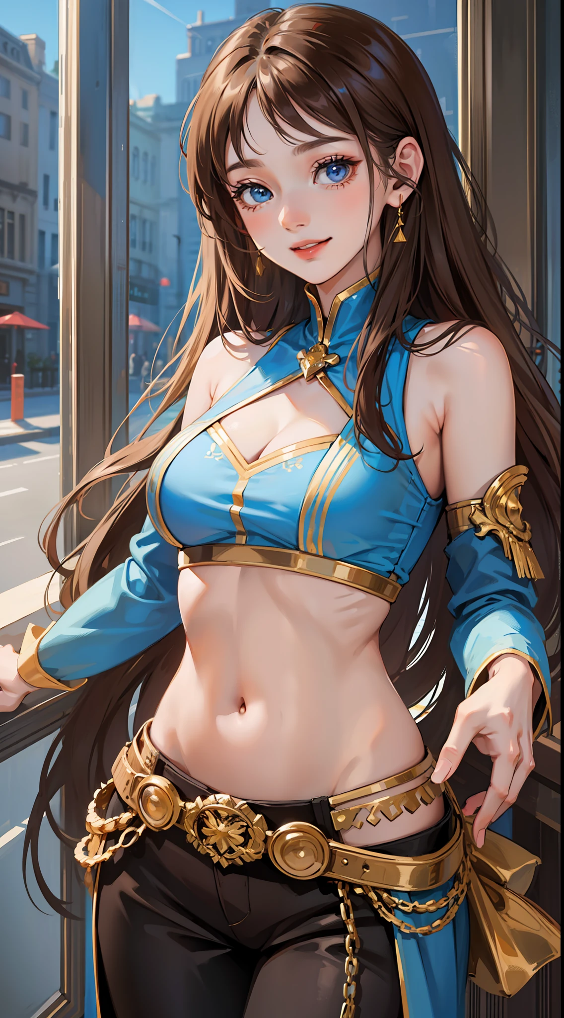 Young girl, long brown hair, blue eyes, blue top, sleeveless, open arms, open belly, chest neckline, pants, smile, masterpiece, high quality