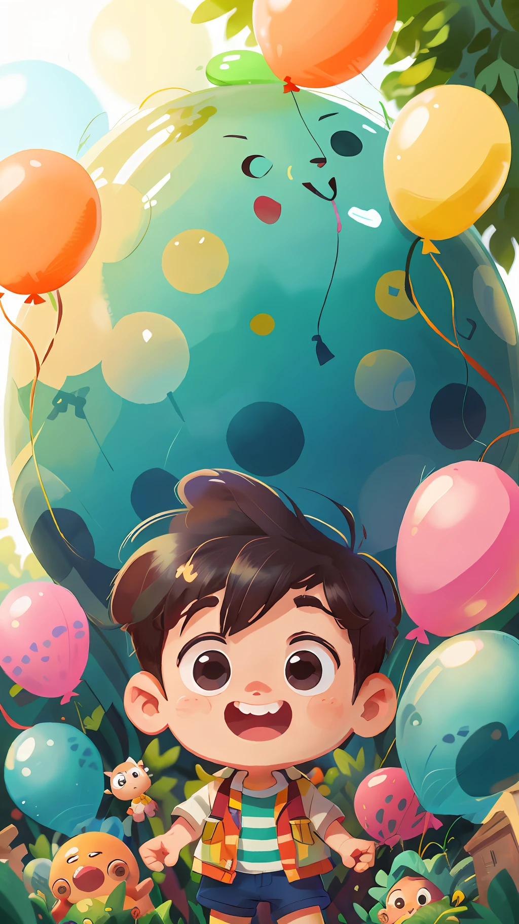 A boy, zoo, many balloons, happy, happy, perfect quality, clear focus (clutter - home: 0.8), (masterpiece: 1.2) (realistic: 1.2) (bokeh) (best quality) (detailed skin: 1.3) (intricate details) (8K) (detail eyes) (sharp focus), (happy)