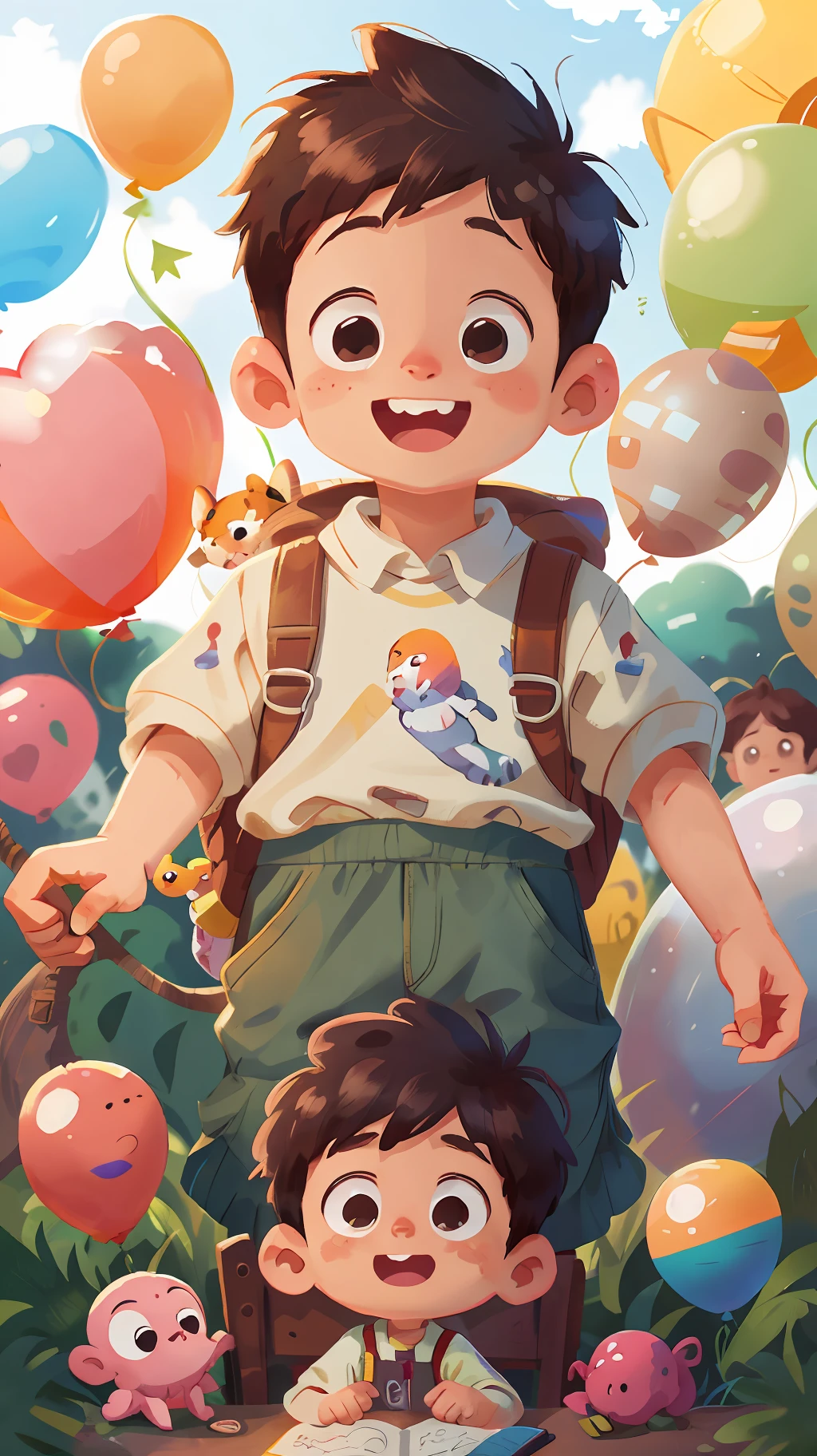 A boy, zoo, many balloons, happy, happy, perfect quality, clear focus (clutter - home: 0.8), (masterpiece: 1.2) (realistic: 1.2) (bokeh) (best quality) (detailed skin: 1.3) (intricate details) (8K) (detail eyes) (sharp focus), (happy)