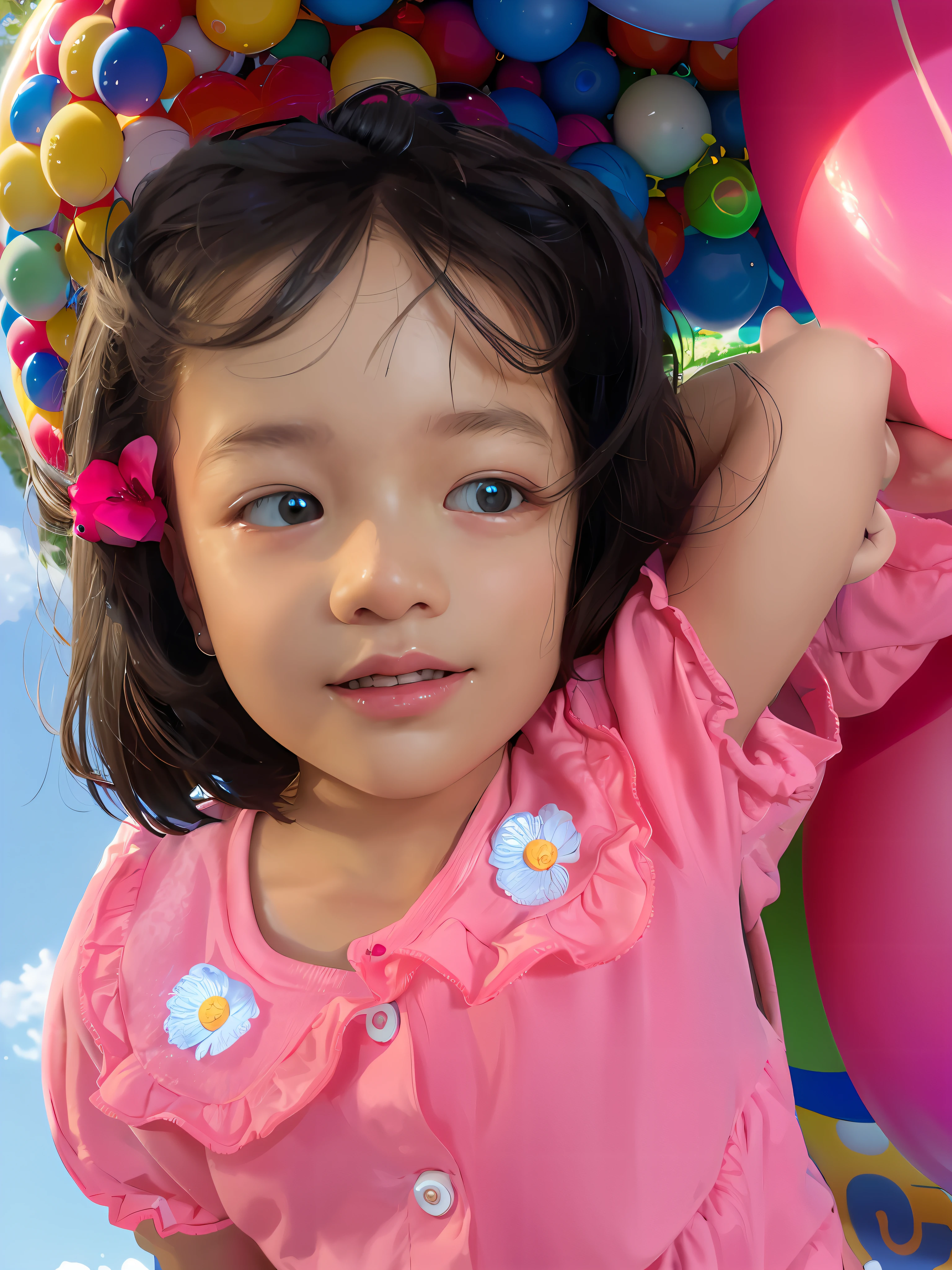 (mesmerizing masterpiece), best quality, ultra-detailed, high resolution, (colorful playground), dynamic scene, playful atmosphere, (children playing:(2-), swinging, sliding, climbing, jumping), summer day, (sparkling water fountains, flying balloons, colorful balls), warm sunshine, joyful screams, happy laughter.