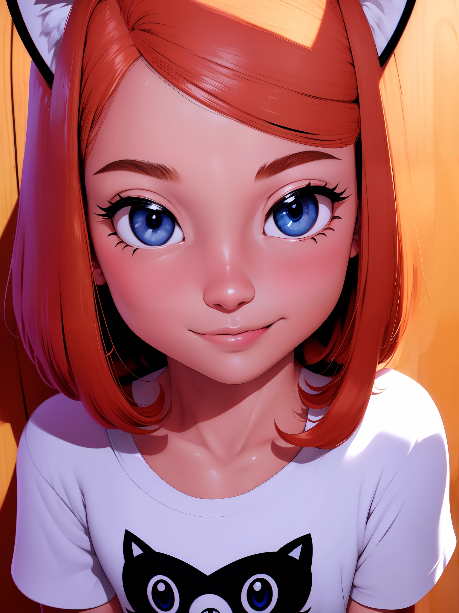 masterpiece, top quality, super detail, wallpaper, break, baby face, 11 years old, cat ears, big eyes, eyelashes long eyes, smile, break, white t-shirt, break, night, break, ginger hair, orange hair, blue eyes