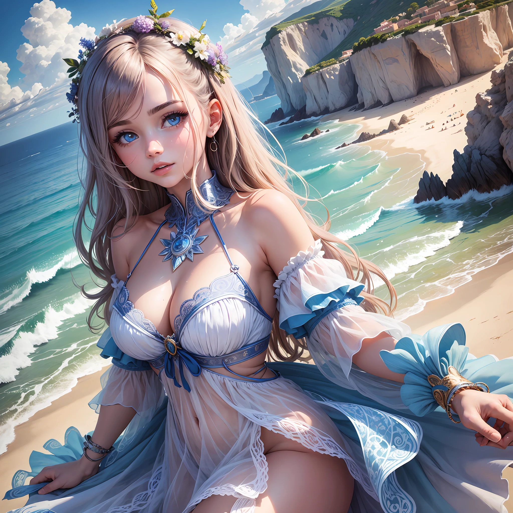 Côte d'Azur, energetic beautiful girl, background coastline, best quality, masterpiece, intricate details, glowing eyes, glowing hair, facial details --auto --s2