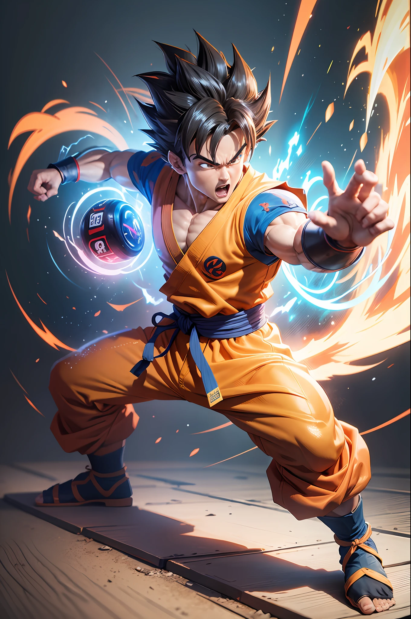 Kaio-ken goku, gamimg logo, KAIOKEN text, dynamic pose, Gaming elements, not eye-catching, mordern anime, streaming logo --auto --s2