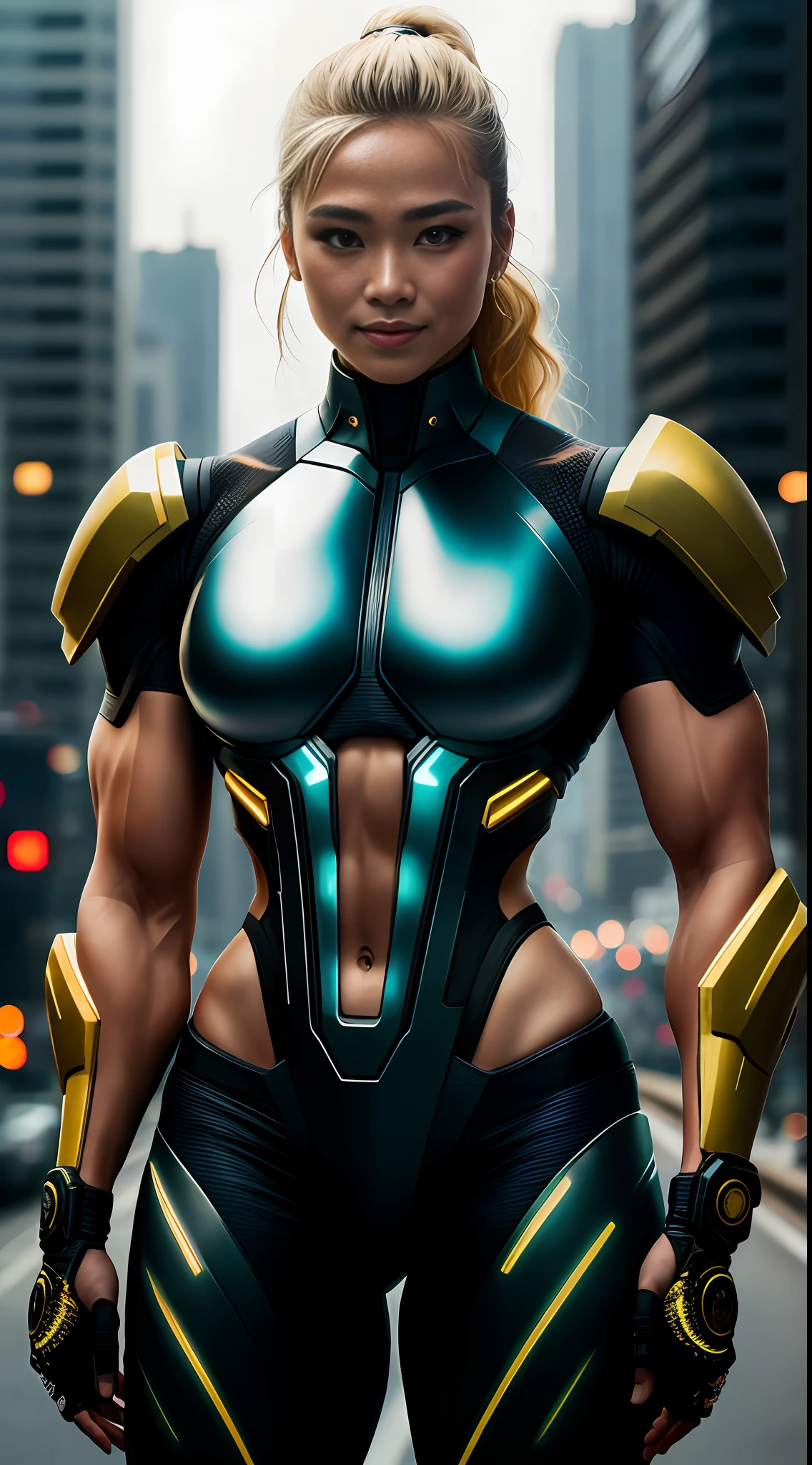 cyberpunk portrait photography, beautiful young thai woman with blonde hair, bodybuilder physique, looking off camera in glowing futuristic, smile, superhero outfit, smiling, super realistic face, eyes visible through hair, proper eye position, natural skin, soft light, rim light, hips, in road side, detailed background, intricate , highly detail, octane render, HD, 8k, by Annie Leibovitz,120mm