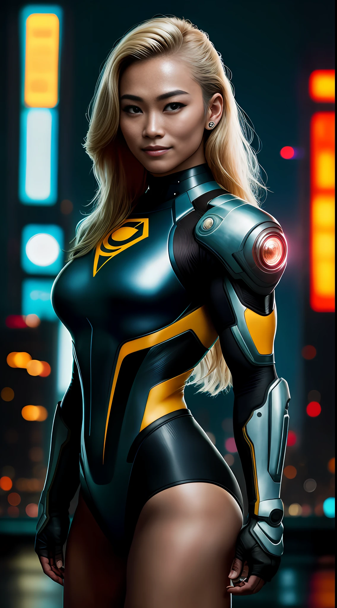 cyberpunk portrait photography, beautiful young thai woman with blonde hair, bodybuilder physique, looking off camera in glowing futuristic, smile, superhero outfit, smiling, super realistic face, eyes visible through hair, proper eye position, natural skin, soft light, rim light, hips, in road side, detailed background, intricate , highly detail, octane render, HD, 8k, by Annie Leibovitz,120mm