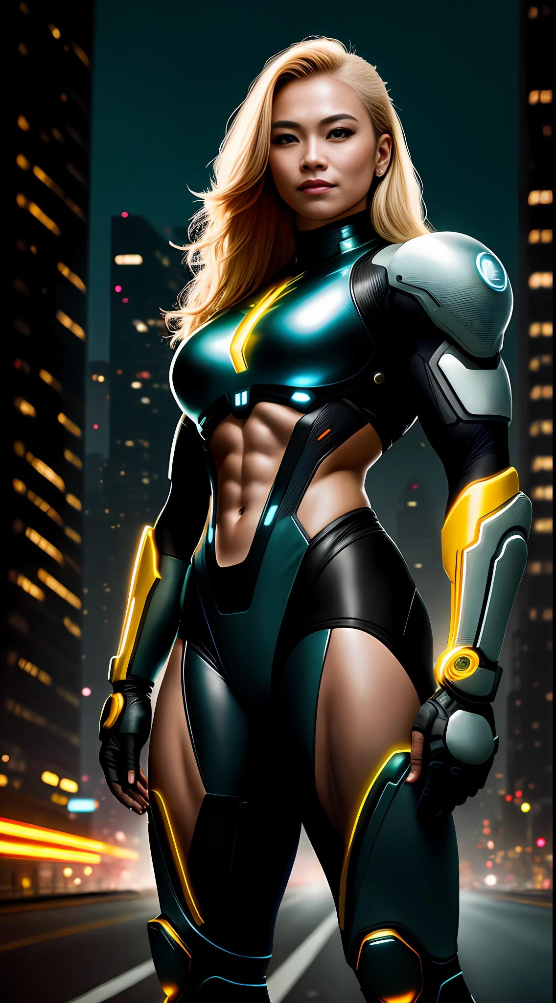 cyberpunk portrait photography, beautiful young thai woman with blonde hair, bodybuilder physique, looking off camera in glowing futuristic, smile, superhero outfit, smiling, super realistic face, eyes visible through hair, proper eye position, natural skin, soft light, rim light, hips, in road side, detailed background, intricate , highly detail, octane render, HD, 8k, by Annie Leibovitz,120mm