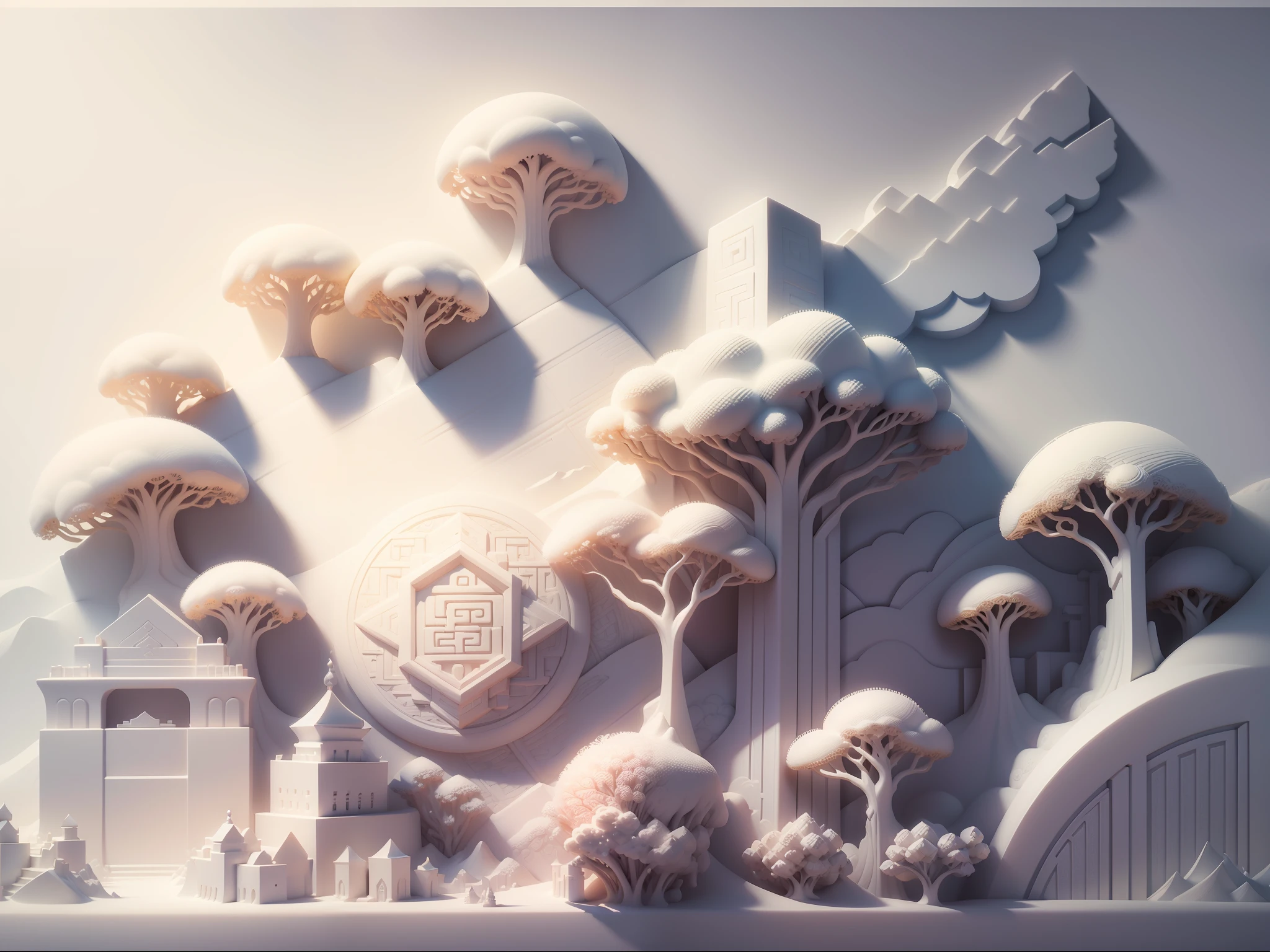 3D white relief, meticulously carved, white ivory carving, chinese illustration on white background, pastel, traditional chinese style, oriental landscape painting, multidimensional paper fog crafts, paper illustration, super wide angle view, dream, 8k, romantic, high resolution, 8k