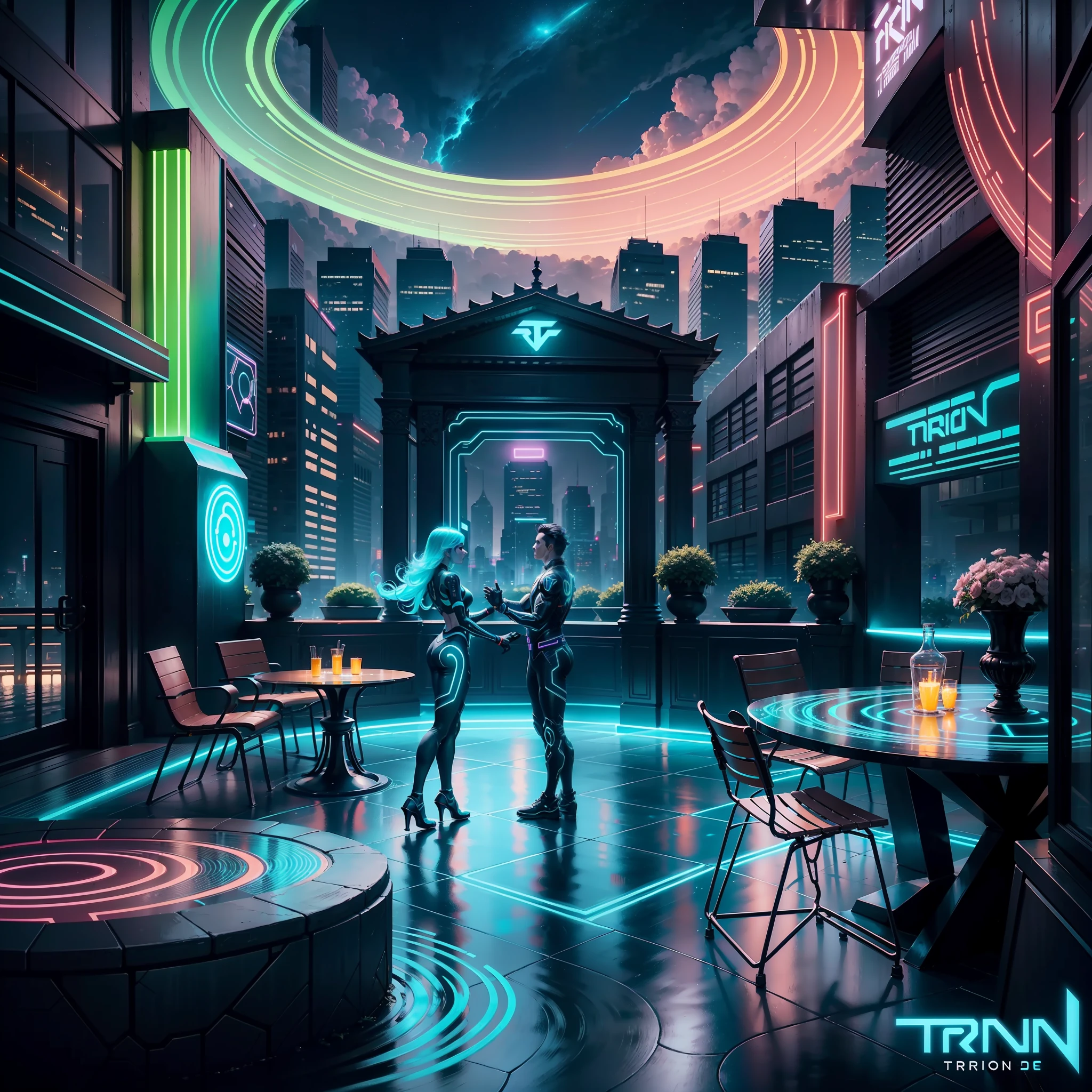 Create a vibrant ambience on a terrace inspired by the fantastic universe of Tron - The Legacy, flooded by the glow of ultra-realistic neon, filled with people dancing, kissing, singing, in a night full of life and energy