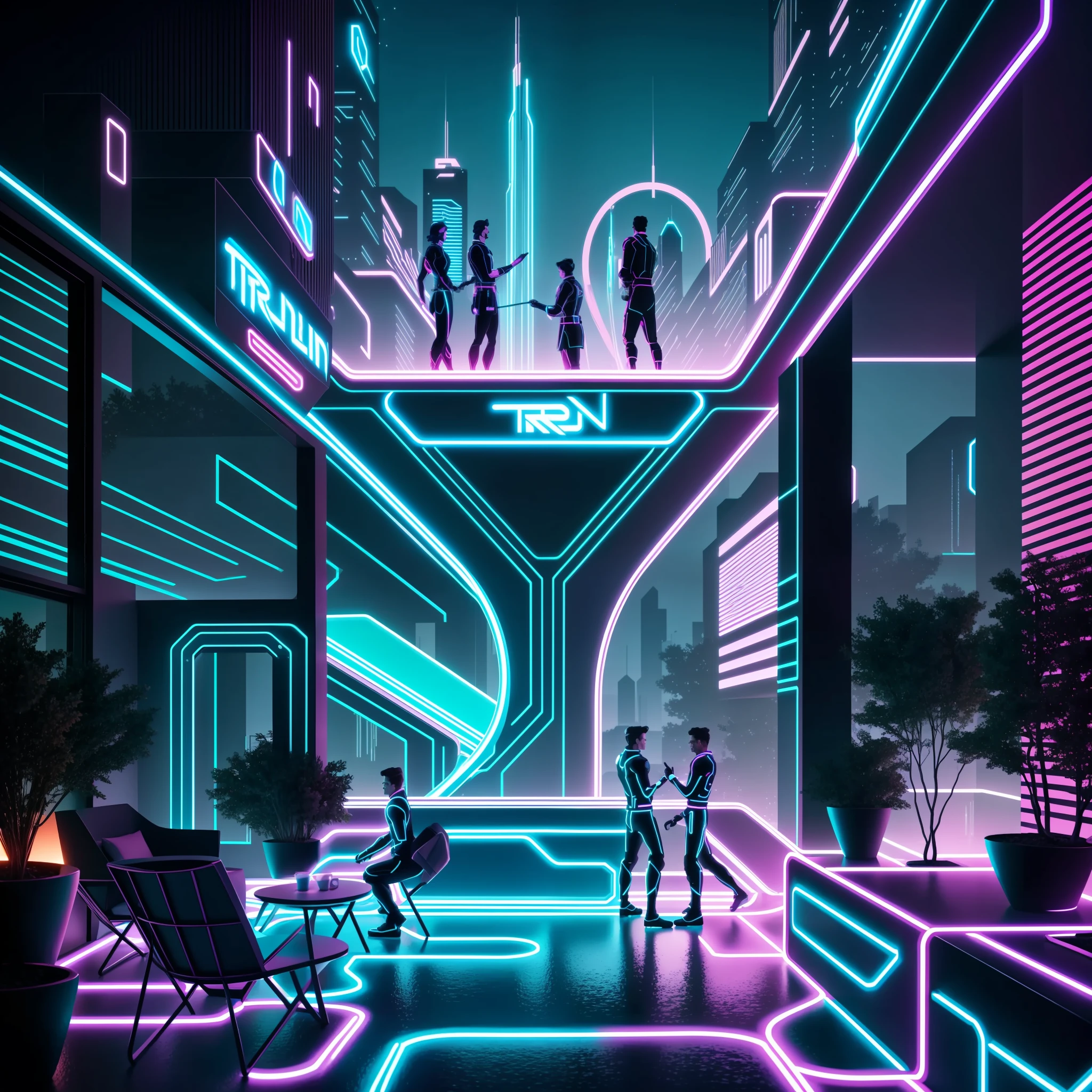 "Minimalist party in Tron - The Legacy, realistic neon lighting, characters in the background in celebration."