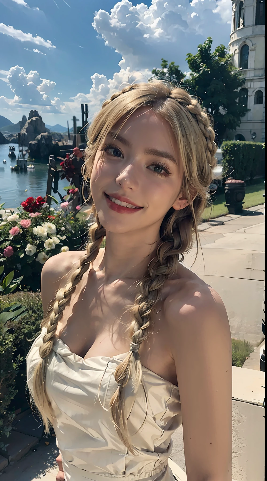 1 girl, solo, dress, blonde, green eyes, braids, white dress, reach out, first view, outdoors and look at the audience, clouds, bare shoulders, sky, smile, wind from below,