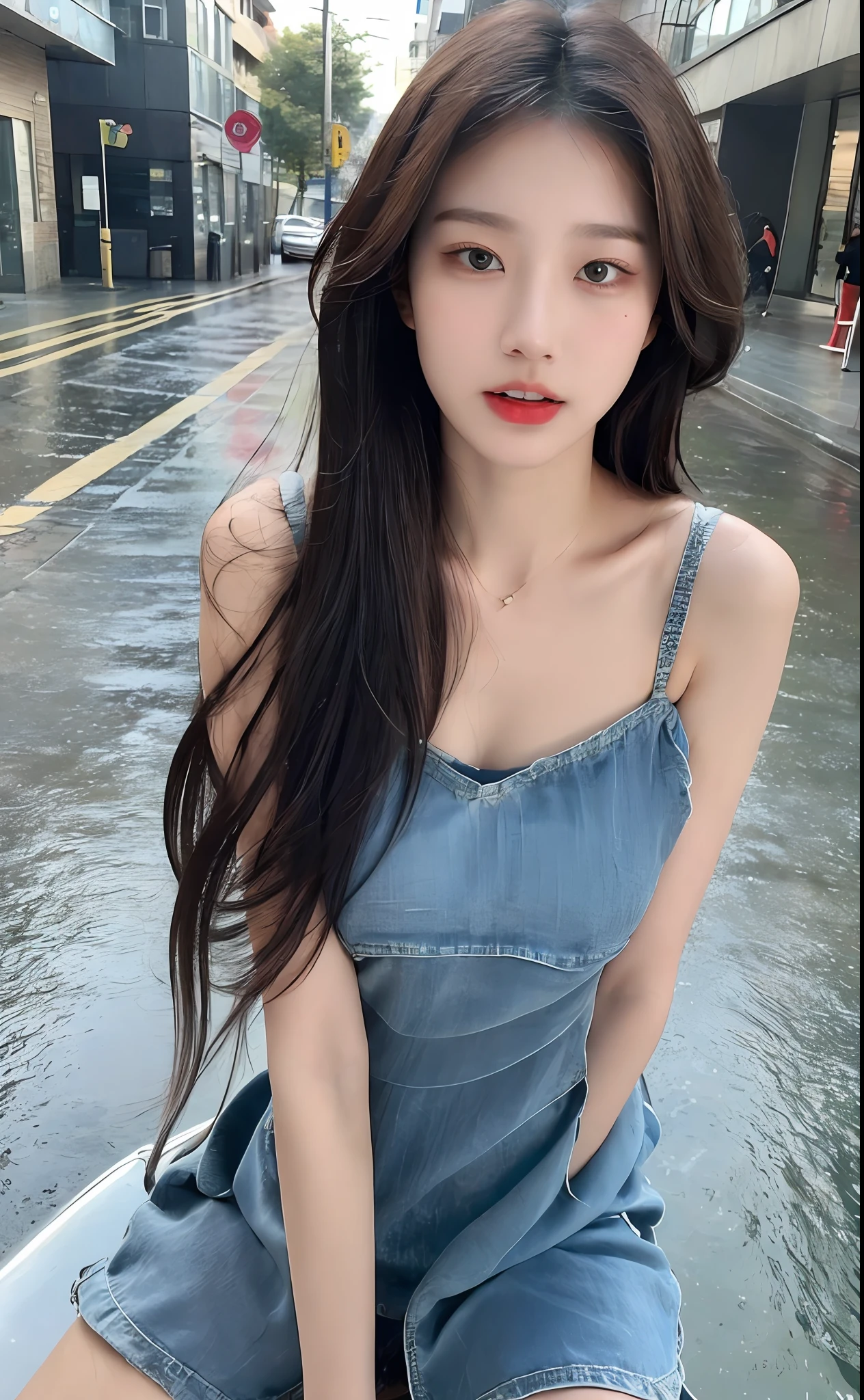 ((Best Quality, 8k, Masterpiece: 1.3)), Focus: 1.2, Perfect Body Beauty: 1.4, Buttocks: 1.2, ((Layered Haircut)), (Wet Clothes: 1.1) , (Rain, Street:1.3), (Newspaper Dress: 1.5), Highly detailed face and skin texture, Fine eyes, Double eyelids, Whitened skin, Long hair, (Shut up: 1.5), Bare shoulders
