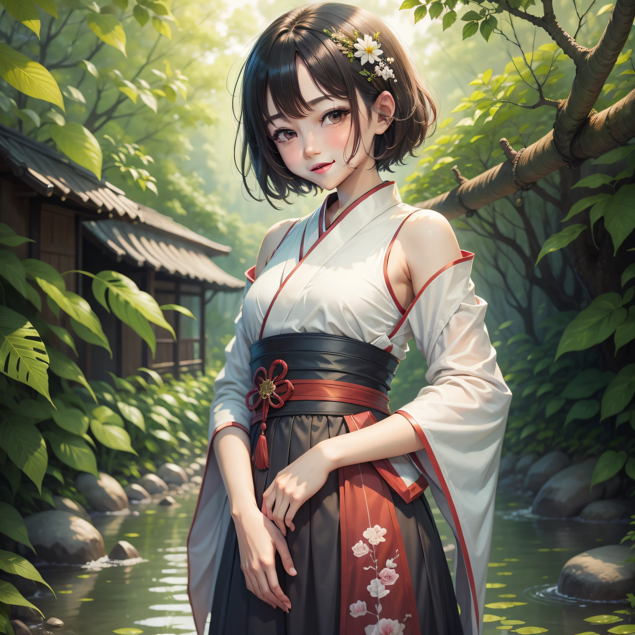 (masterpiece),best quality,good anatomy, shuimobysim,(1 girl:1), (upper body),(smile),short hair,(hanfu),(?????0.5), (trees:0.5), (flowers:0.6) ,(wooden house:0.2),(bamboo forest:0.2),(creek:0.2),(river:0.2),