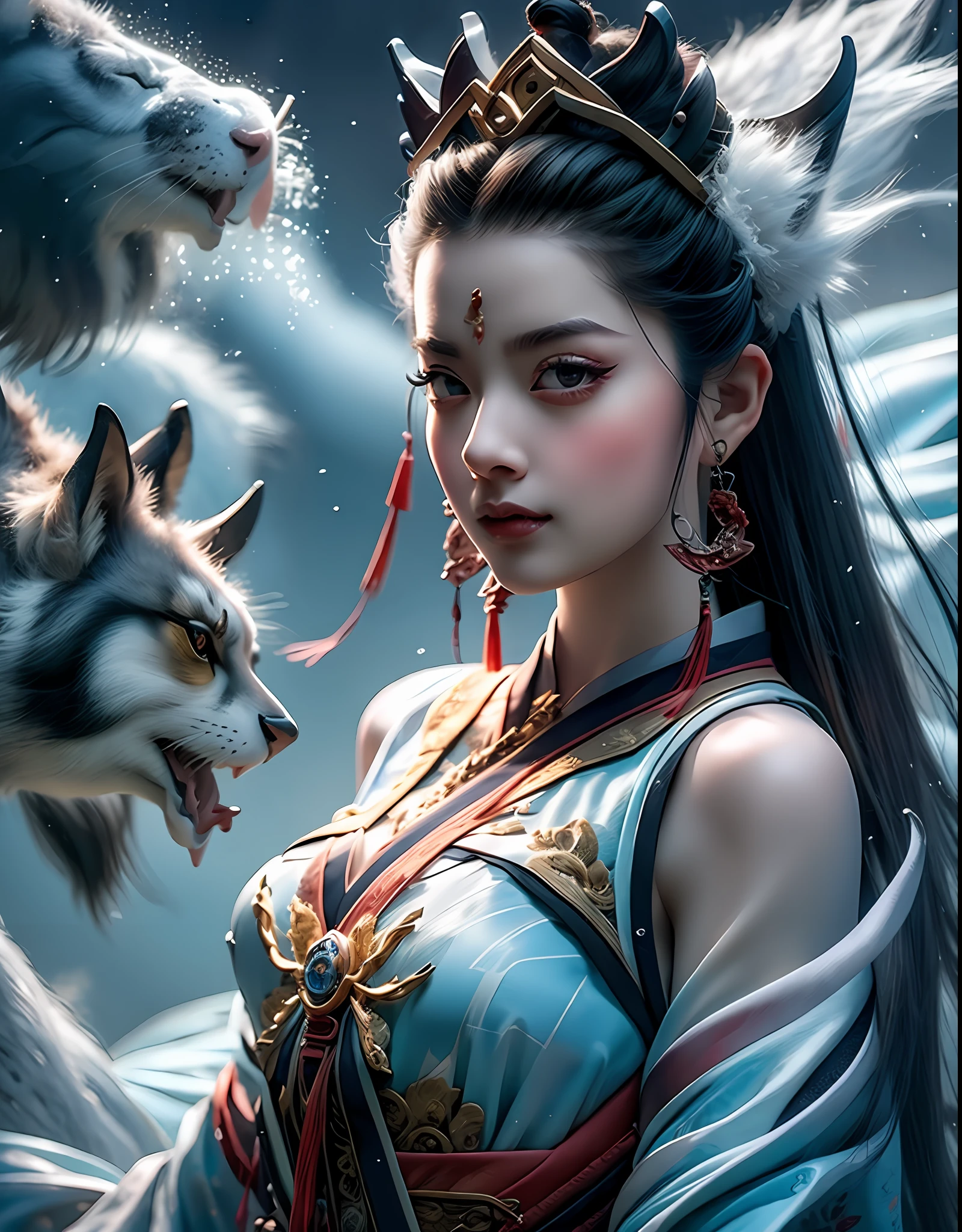 Close-up of a woman in an embroidered dress, very beautiful beauty, surrounded by auspicious clouds, Chinese fantasy, beautiful digital artwork, master works, Ross Tran 8 K, Zhang Jingna, Xian Xia Fantasy, CGsociety and Fenghua Bell, Chinese style, dragon inspired cloth robe, Ross Tran and WLOP, sea queen Mu Yanling, inspired by Chu Derun, natural movements, natural expressions