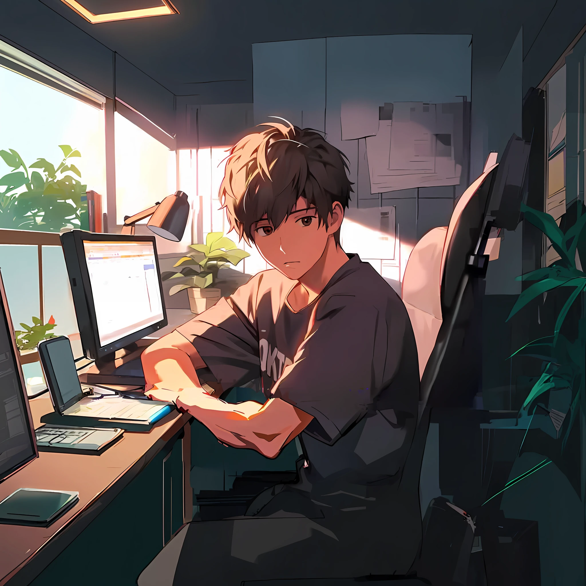 anime boy sitting at a desk with a laptop and a bird on the window sill, digital anime illustration, sitting at his desk, anime art wallpaper 8 k, handsome anime pose, high quality anime artstyle, anime art wallpaper 4k, anime art wallpaper 4 k, 4k anime wallpaper, young anime man, anime style 4 k, digital anime art, anime artstyle