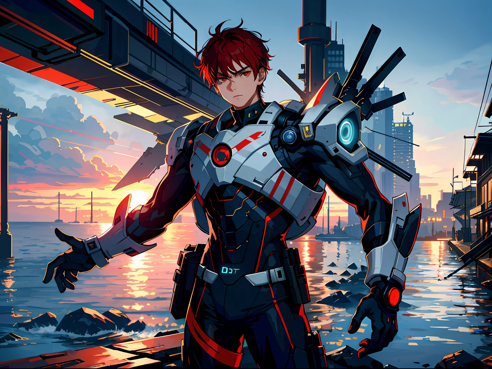 HD clear, best images, illustrations, super detailed, a young boy in a cyberpunk style (white combat uniform), detailed face, and facial features, (wrist raised) (eyes on the wrist) standing on the seaside pier, behind him is a huge red mech