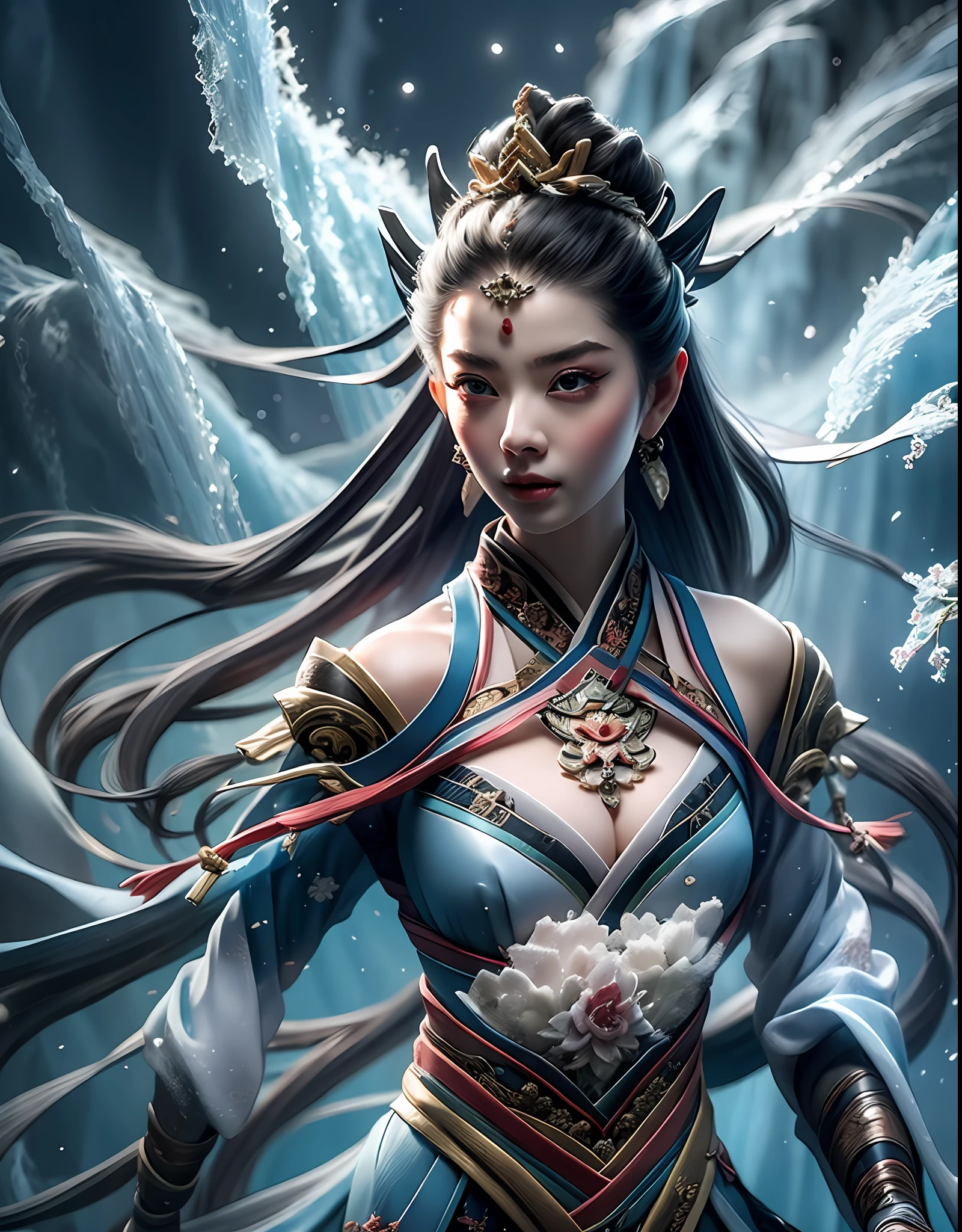 Close-up of a woman in an embroidered dress, very beautiful beauty, surrounded by auspicious clouds, Chinese fantasy, beautiful digital artwork, master works, Ross Tran 8 K, Zhang Jingna, Xian Xia Fantasy, CGsociety and Fenghua Bell, Chinese style, dragon inspired cloth robe, Ross Tran and WLOP, sea queen Mu Yanling, inspired by Chu Derun, natural movements, natural expressions