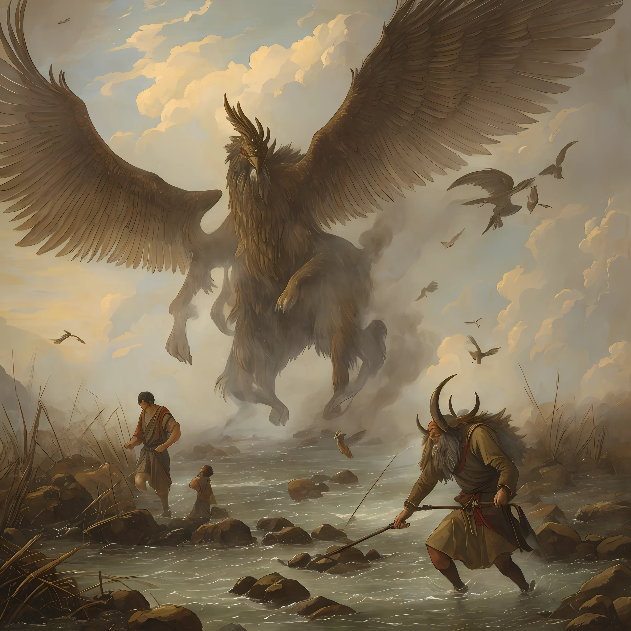 (antique painting style + ancient poetic artistic conception + delicate depiction + haze atmosphere) In the thick soot, a lost and thirsty man kept running, and finally came to a cold river, at this moment, a bird-like giant beast (Yan Po) appeared in front of him, quickly dragged out the sinners in hell and transported them to the air for a walk, making him gradually lose himself. The other person was finally put back on the ground, like a world away. And sinners fall into hell again, tormented by endless anguish, only for some regrettable mistake. --auto --s2
