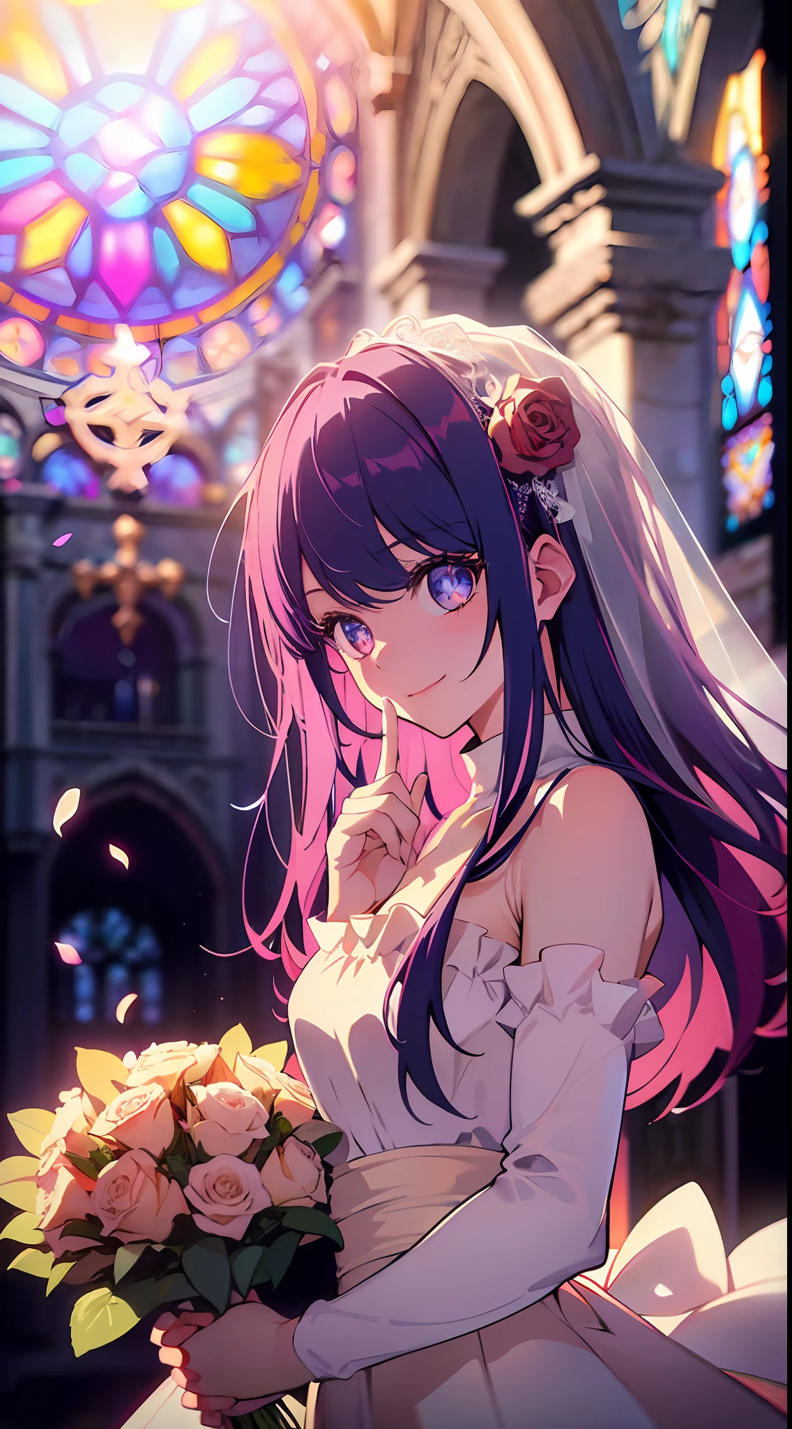A maiden holding a bouquet: 1.2), wearing a wedding dress, dress translucent, bride, (finger diamond ring: 1.5), (wedding dress: 1.1), eyes glowing, floating hair, holding a bouquet, (faint smile: 1.3), magical girl, (church), stained glass background, (rose petals), fantasy, looking at the audience, (Particles: 0.7), Side Light, Tyndall Light, (Masterpiece, Flat Color, Color: 1.0), (Best Quality: 1.2), (High Accuracy: 1.1), 8K Resolution, Rich Detail, Perfect Light and Shadow, Clear Background, Noise Reduction