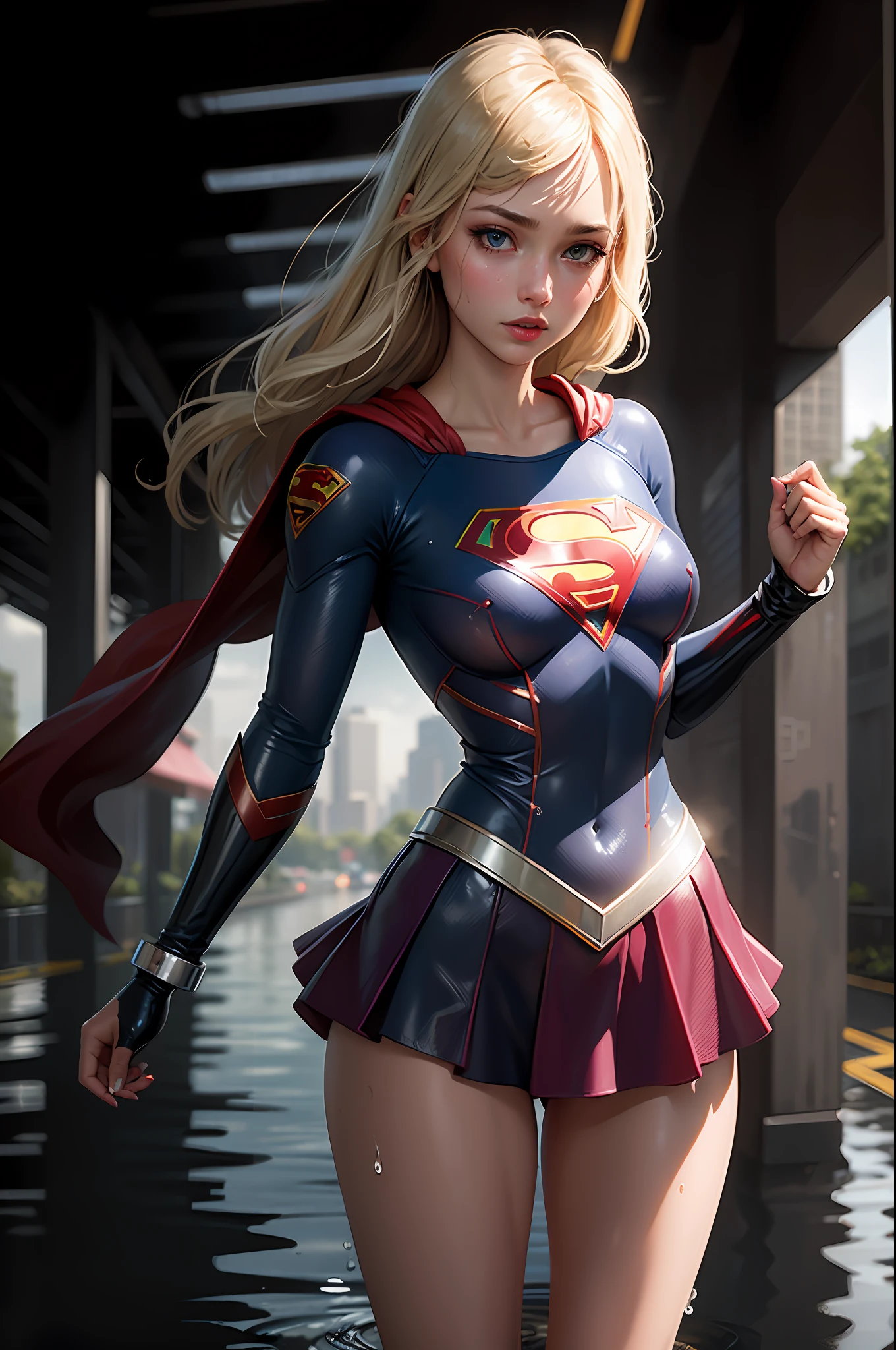 Nonsense,best quality, 1girl, supergirl, rain, masterpiece, super detailed, nsfw, transparent vinyl glued to skin, wet drops on body, full body view, planet under invasion,