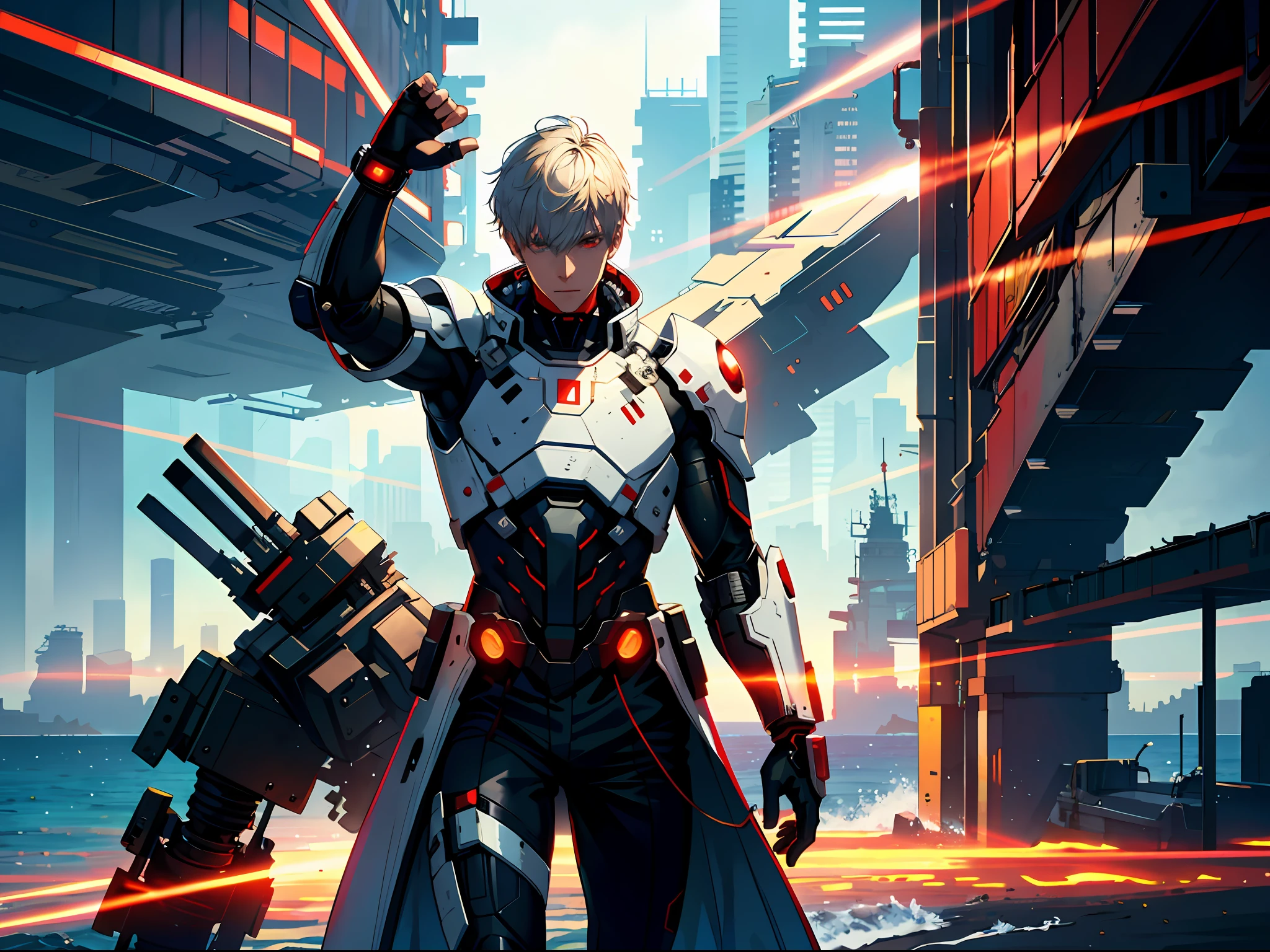 HD clear, best images, illustrations, super detailed, a young man wearing a cyberpunk style (white combat suit), detailed face, and facial features, (wrist raised) standing on the seaside pier, behind him is a huge red mech