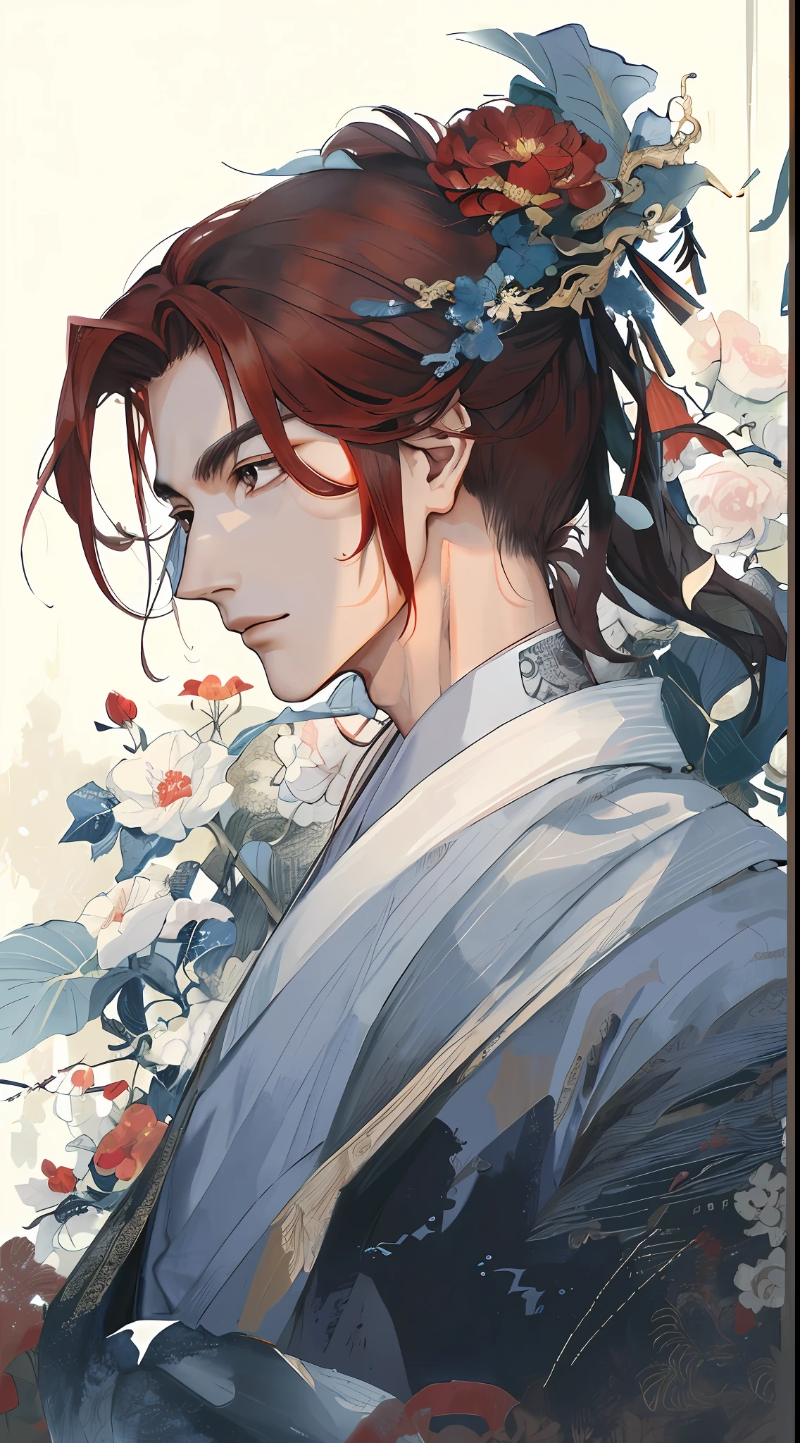 Chinese ancient style handsome boy side, handsome, slender, beautiful face, deep eyes, slender, brown-red hair, bust, gorgeous warm red Hanfu, phoenix background, red gorgeous decoration, exquisite details, ink style decoration, exquisite details