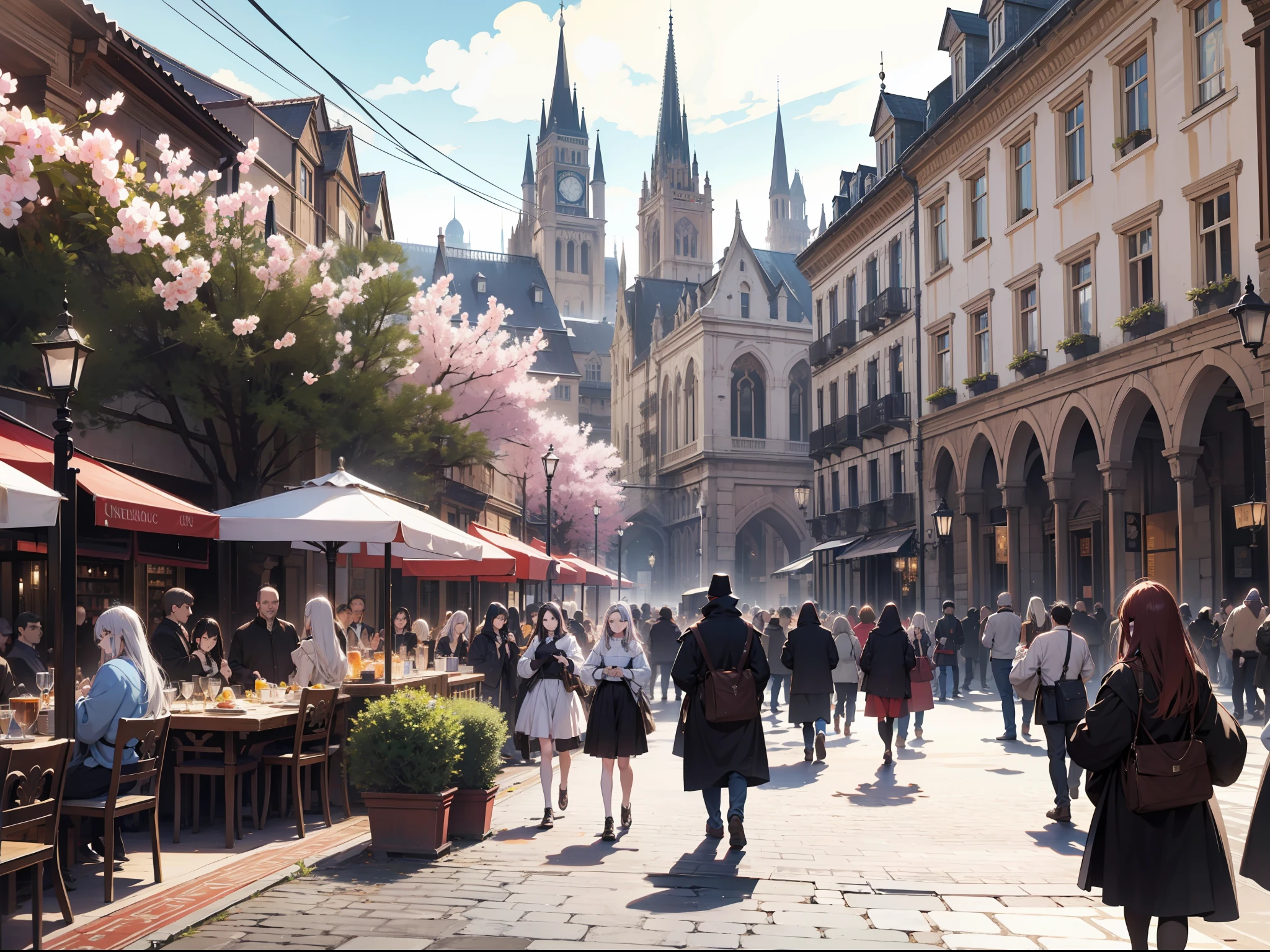 (absurd, high resolution), (panorama), ancient magic, elegance, medieval style, magic blooming, inside the square, lively crowds