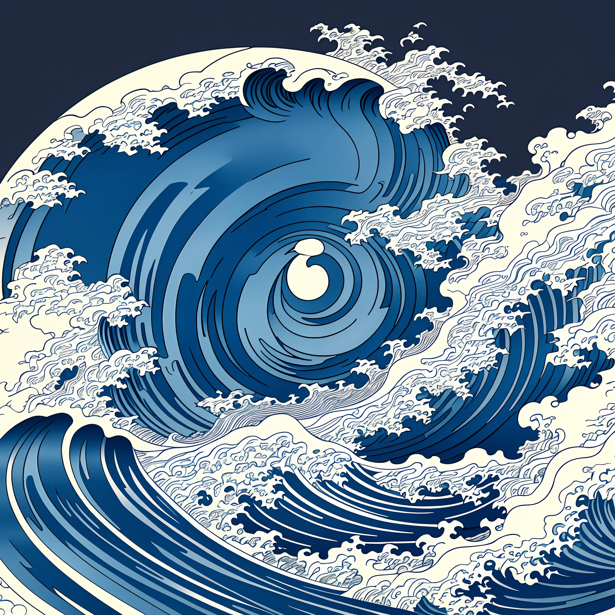 Katsushika Hokusai-style line art design, Hokusai-style dark blue rough wave pattern design. The tip of the wave is the head of a dragon, the highest quality, masterpiece high resolution ukiyo-e style. Artistic style, 1:1, ukiyo-e style, 3D vector art, Adobe Illustrator, 4K resolution, gorgeous backgrounds only