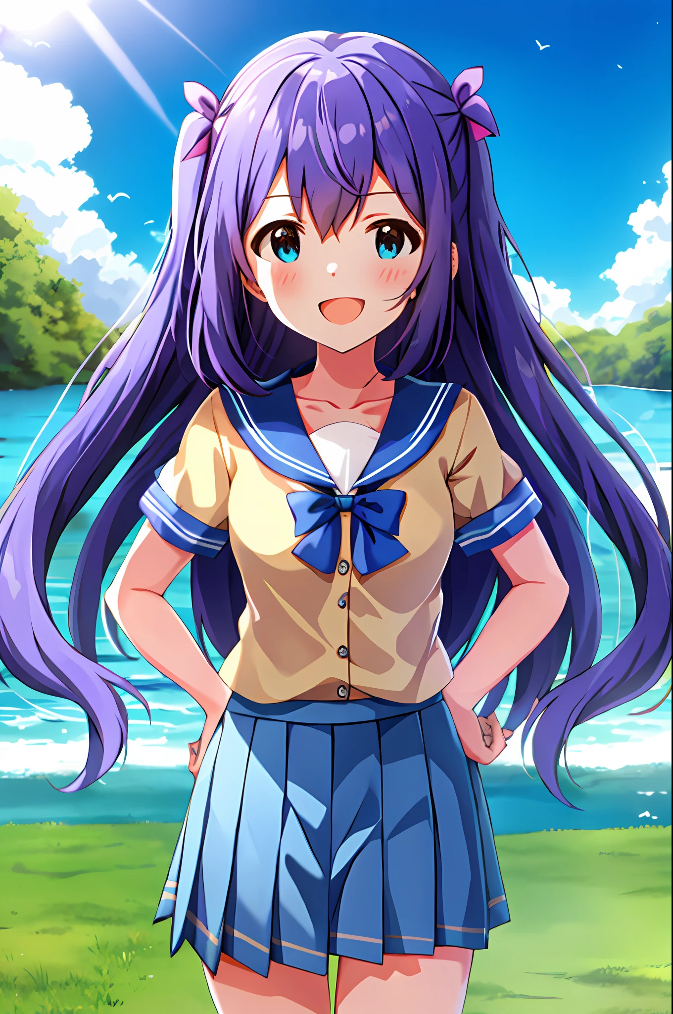 Anna Mochizuki (Million Live), Shiny Trinity \ (Costume), (Best Quality, 8K, Masterpiece, Super Detail: 1.2), Sea, Sun, Mottled Sunlight, Blue Sky, Beautiful Clouds, 1 Girl, Solo, Skirt, Smile, Open Mouth, V, Watch Viewer, White Sailor Color, Blue Shirt, Sailor Color, Blue Skirt, Pleated Skirt, Short Sleeve, :d, Shirt, School Uniform, Blush, Serafuk, Clavicle, bow, ribbon, blue bow.