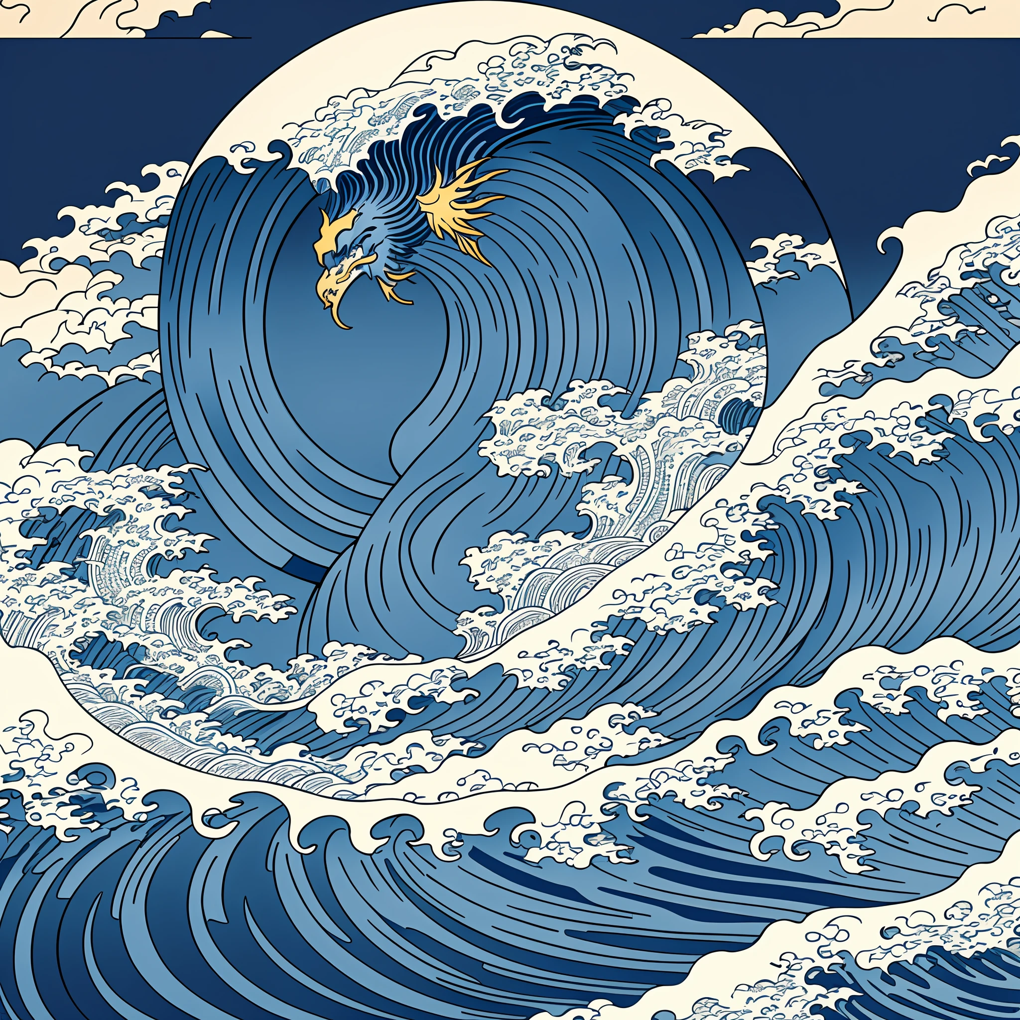 Katsushika Hokusai-style line art design, Hokusai-style dark blue rough wave pattern design. The tip of the wave is the head of a dragon, the highest quality, masterpiece high resolution ukiyo-e style. Artistic style, 1:1, ukiyo-e style, 3D vector art, Adobe Illustrator, 4K resolution, gorgeous backgrounds only