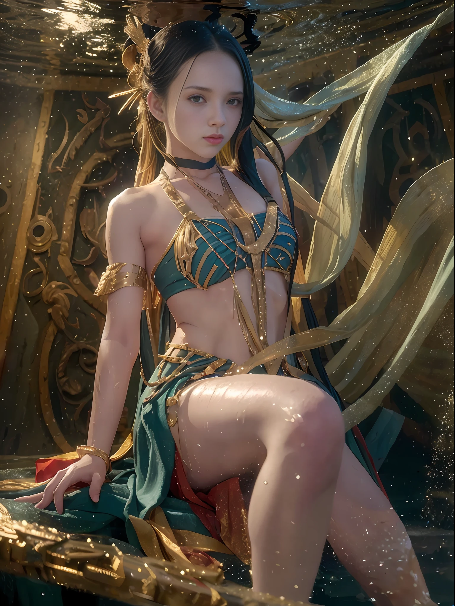 a girl, war, special effects, magician, detailing, cinematic lighting, legs in water, atmospheric perspective, 8k, super detail, high detail, high quality, high resolution, masterpiece, best quality,