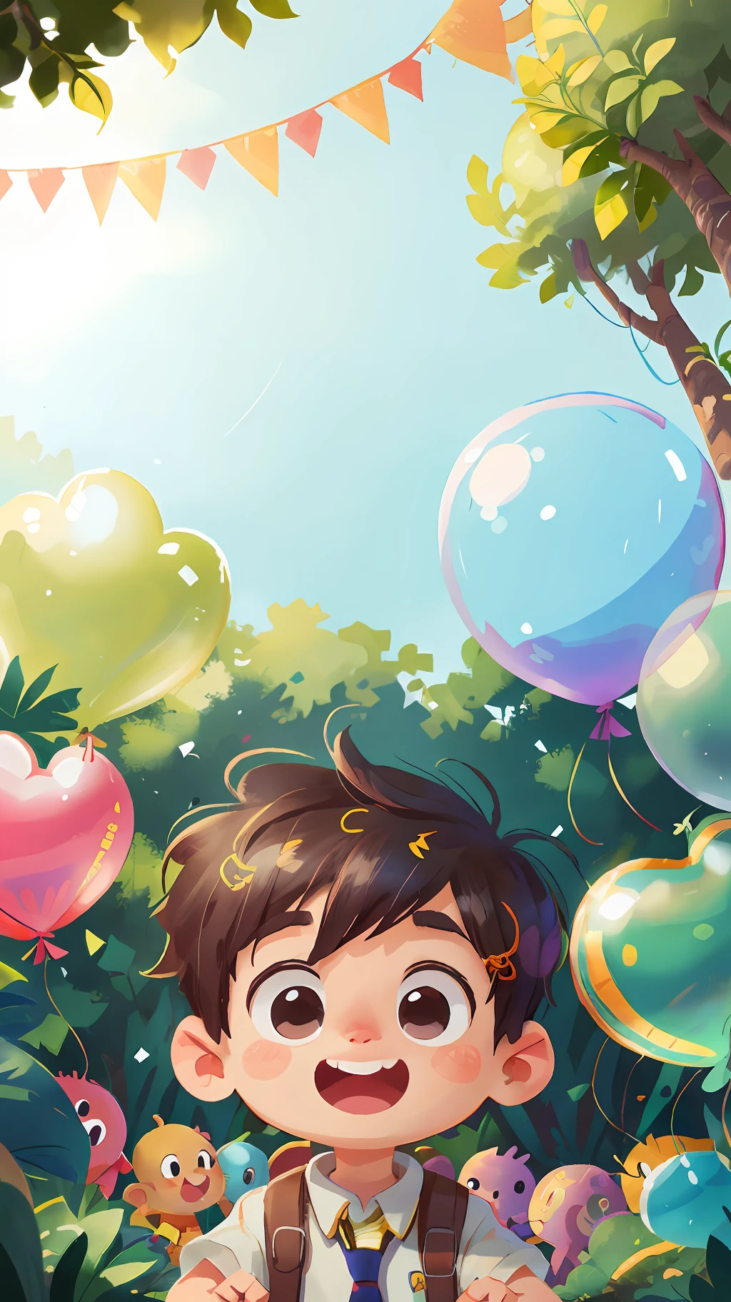 A boy, zoo, many balloons, happy, happy, perfect quality, clear focus (clutter - home: 0.8), (masterpiece: 1.2) (realistic: 1.2) (bokeh) (best quality) (detailed skin: 1.3) (intricate details) (8K) (detail eyes) (sharp focus), (happy)