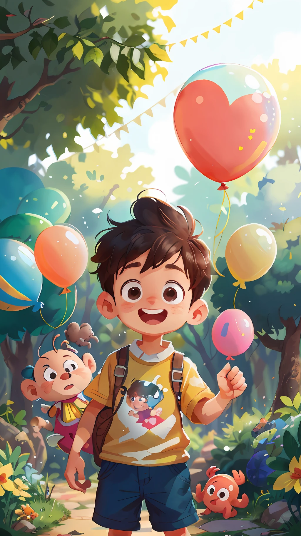 A boy, zoo, many balloons, happy, happy, perfect quality, clear focus (clutter - home: 0.8), (masterpiece: 1.2) (realistic: 1.2) (bokeh) (best quality) (detailed skin: 1.3) (intricate details) (8K) (detail eyes) (sharp focus), (happy)