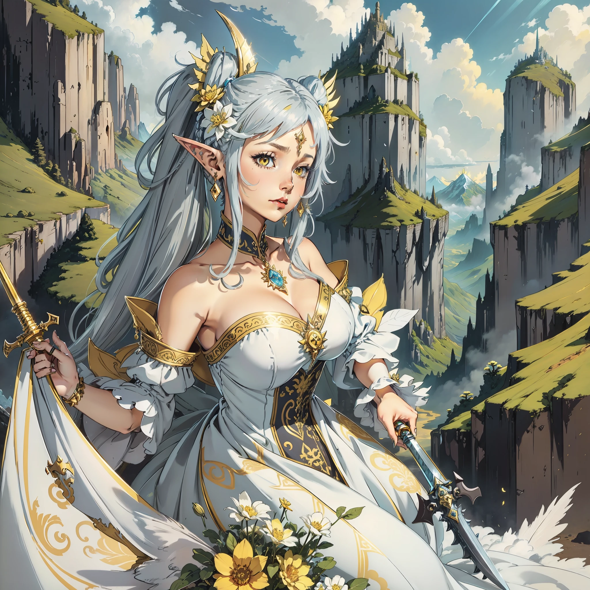 woman with huge fairy wing, sharp elf ear, lots of earring, long gray pigtails hair, huge yellow eyes, flower dress, big breasts, on top of a dragon, holding a golden sword, bright sunlight, scenery of a mountain and cloud