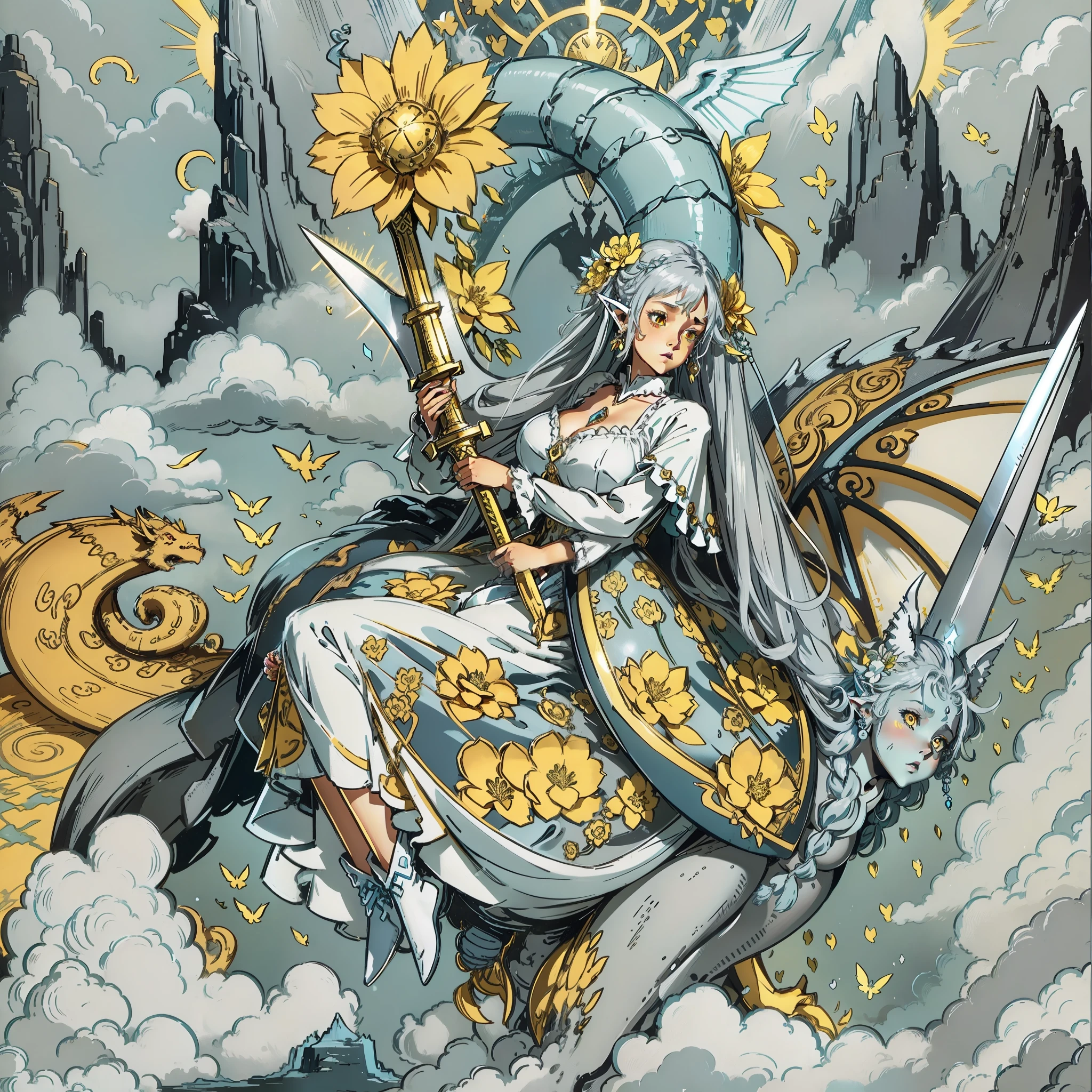 woman with huge fairy wing, sharp elf ear, lots of earring, long gray pigtails hair, huge yellow eyes, flower dress, big breasts, on top of a dragon, holding a golden sword, bright sunlight, scenery of a mountain and cloud