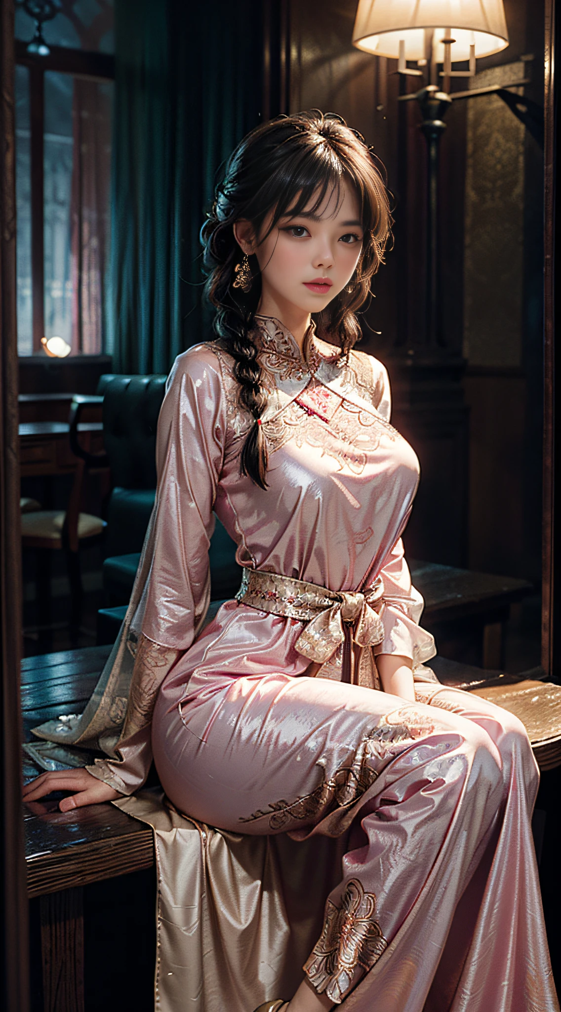 The art depicts a charming woman in a flowing, silky traditional oriental dress in pink, tight translucent trousers, decorated with intricate patterns and bright colors. Her dress drapes elegantly over her curvy figure, accentuating her seductive silhouette. She stood gracefully in the quiet moonlit night, bathed in the soft glow of the moonlight. The scene exudes an ethereal and dreamy atmosphere, with a touch of mystery and sexiness. The graphic style blends watercolor and digital illustration techniques to evoke a refined beauty and charm. The lights are filled with soft moonlight, casting soft highlights and shadows on her charming features. Bare thighs, wearing tight translucent pants, large breasts, three-dimensional features, sitting, upturned legs, side braids