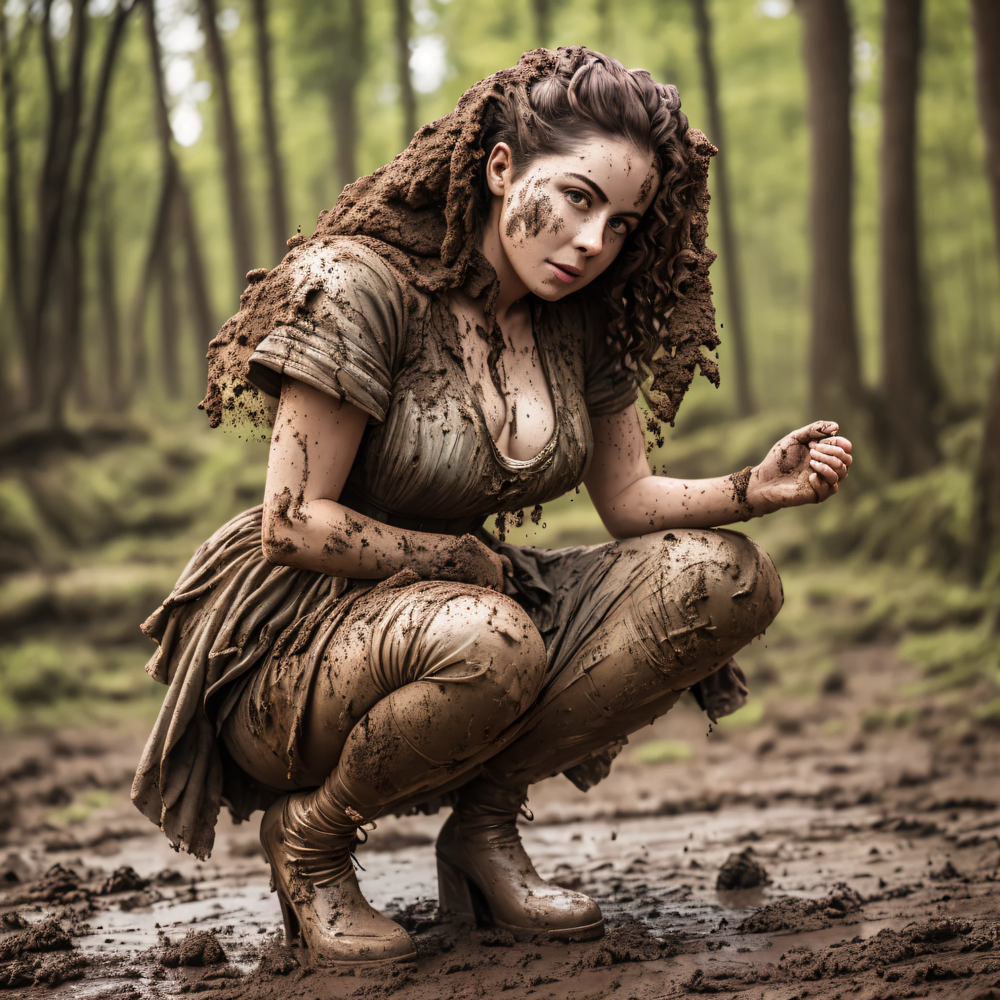 Hyperrealistic photograph of a 30-year-old woman smeared with mud, Lena Meyer Landrut, maid, underbust corset, ruffles, tulle skirt smeared with mud, squatting on the floor, high heels smeared with mud, the entire body, red curly hair and clothes are smeared with mud, high quality, realistic lighting, center of the image, hourglass proportions, 8k, HDR, BDSM, medium chest size, long legs, tinted, professional photography of a woman, natural skin texture smeared with a lot of mud, 4K textures, Adobe Lightroom, Photolab, HDR, intricate, elegant, very detailed, sharp focus, insane details, intricate details, hyper-detailed, bright cinema light, outdoor atmosphere, chin pulled up, (exposed belly: 1.8), (remote shot), dominant facial expression