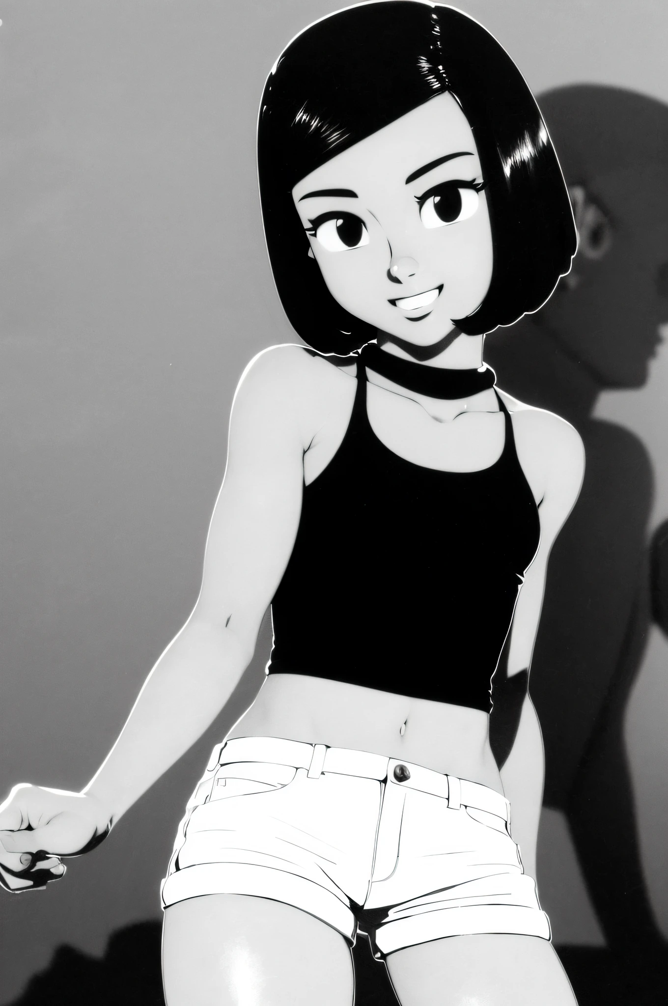 ((medium breast, tomboy girls, small head)), daylight, sunlight, (chiseled abs : 1.1), (perfect body : 1.1), (short wavy hair : 1.2) , auburn hair, collar, chain, full body shot, crowded street, wearing black tanktop, jeans jacket, ((shorts)), (extremely detailed CG 8k wallpaper), (an extremely delicate and beautiful), (masterpiece), (best quality:1.0), (ultra highres:1.0),  beautiful lighting ,perfect lightning, realistic shadows, [highres], detailed skin, ultra-detailed