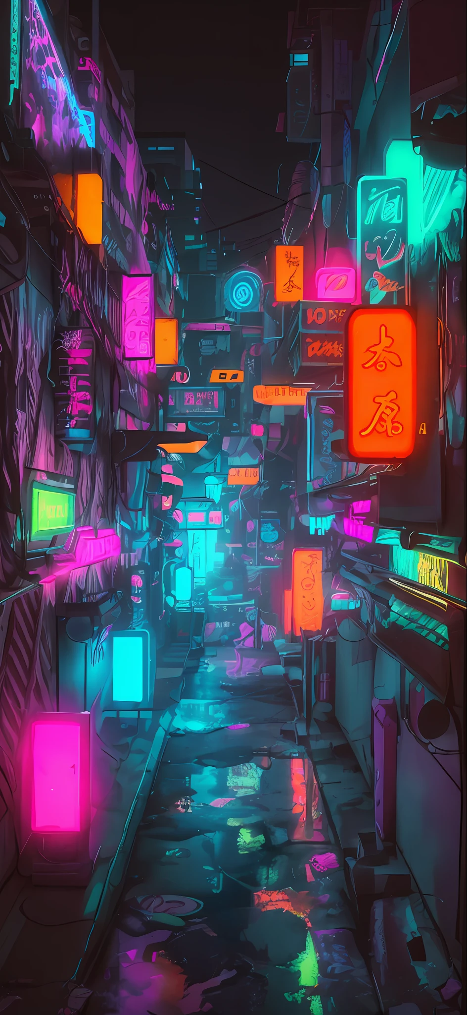Neon signs are lit up on city streets at night, cyberpunk aesthetics, Cyberpunk neon, Fantastic colorful cyberpunk colors, Cyberpunk Street, cyberpunk vibe, Cyberpunk Lane, Cyberpunk bright colors, Ultra-realistic cyberpunk style, cyberpunk aesthetics, Cyberpunk vaporwave, Psychedelic, high detail, Conceptual art, chiaroscuro, perspective, UHD, best quality, highres