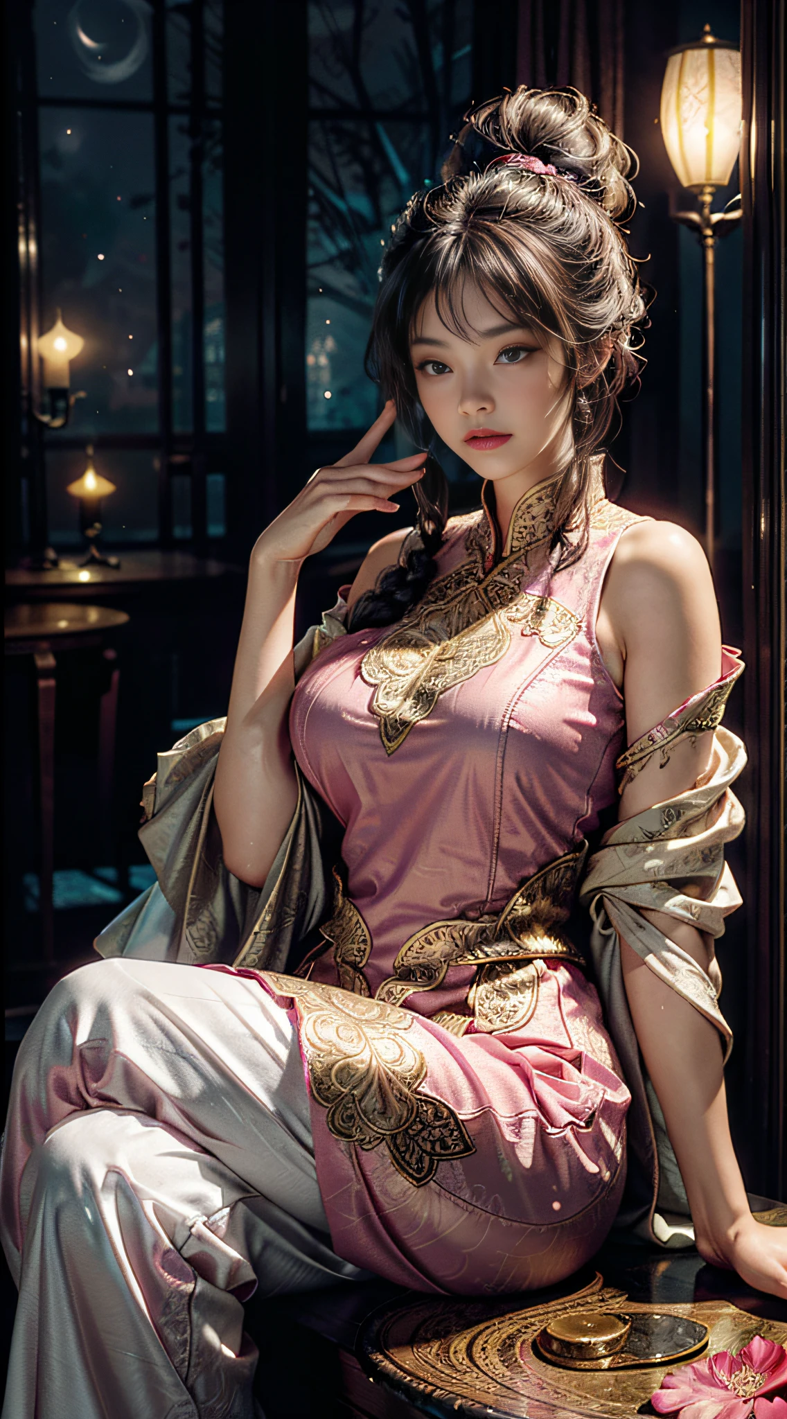 The art depicts a charming woman in a flowing, silky traditional oriental dress in pink, tight translucent trousers, decorated with intricate patterns and bright colors. Her dress drapes elegantly over her curvy figure, accentuating her seductive silhouette. She stood gracefully in the quiet moonlit night, bathed in the soft glow of the moonlight. The scene exudes an ethereal and dreamy atmosphere, with a touch of mystery and sexiness. The graphic style blends watercolor and digital illustration techniques to evoke a refined beauty and charm. The lights are filled with soft moonlight, casting soft highlights and shadows on her charming features. Bare thighs, wearing tight translucent pants, large breasts, three-dimensional facial features, sitting, upturned legs, side braids