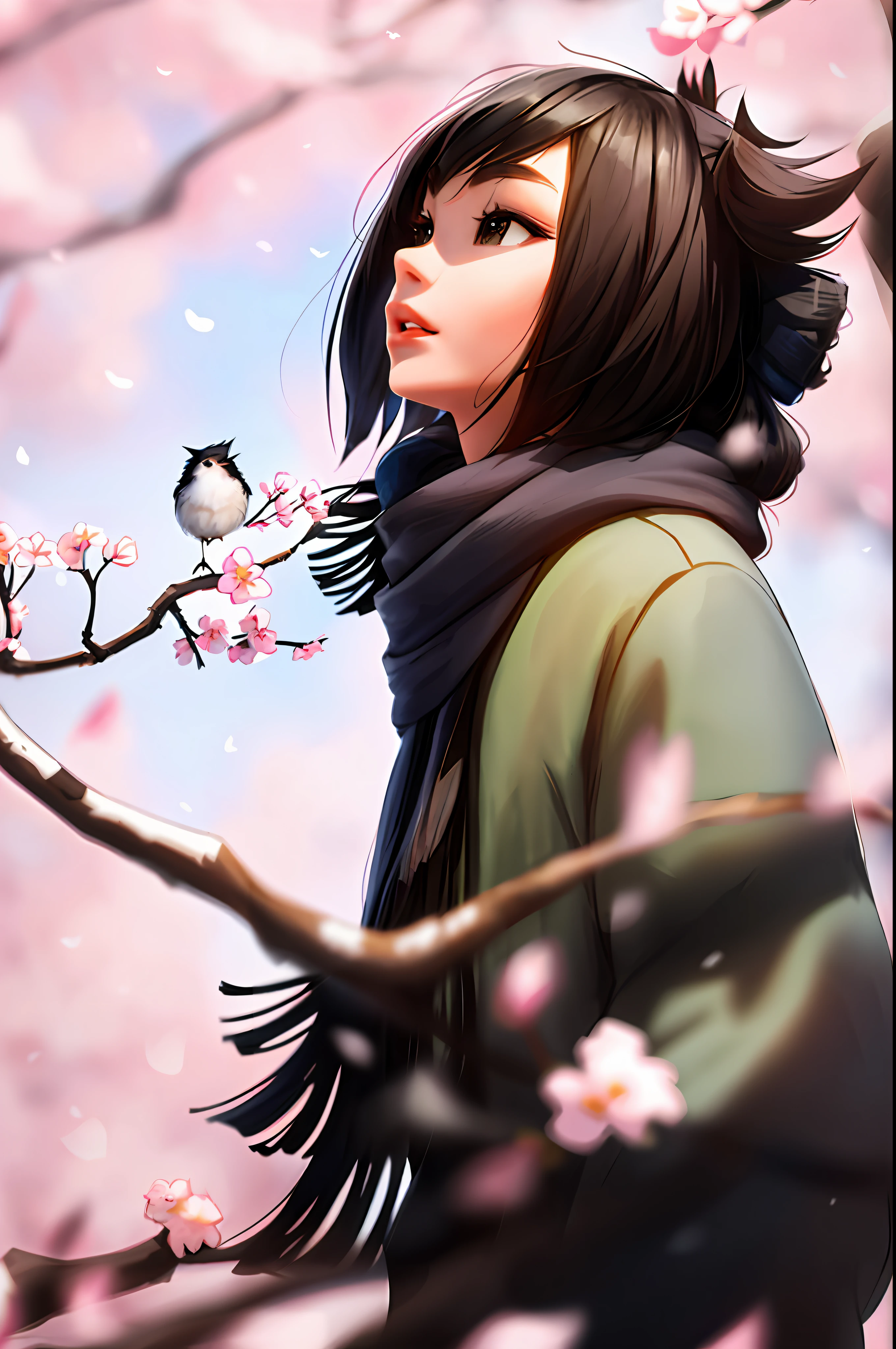 sam yang,

1girl, bird, black eyes, black hair, blurry, blurry background, cherry blossoms, lips, long-tailed tit, looking up, medium hair, profile, scarf, solo, tit (bird)

, ((masterpiece))