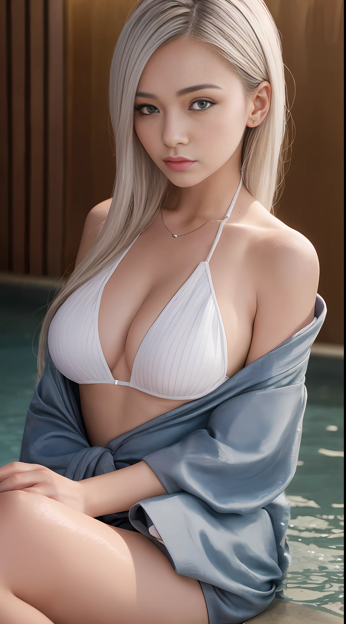 Raw photo (very top quality, 8k, masterpiece: 1.3), beauty, 1 girl, sexy: 1.1, platinum silver hair: 1.1, (wet body: 1.2), yukata, wearing yukata, ultra detailed face, detailed lips, detailed eyes, double eyelids, open-air bath, bathing, hot spring, night, midnight,