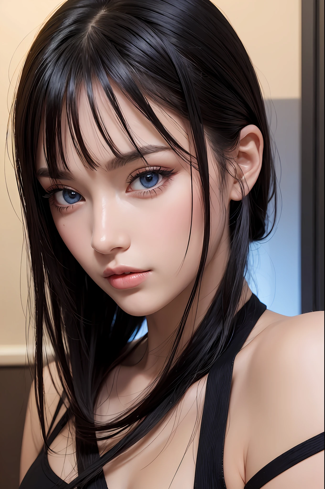 masterpiece, best quality, beautiful young woman, shiny blue eyes, (detailed pupils:1.2), eyelash, beautiful light black hair, streaked hair, multi color, medium hair, perfect face, detailed,