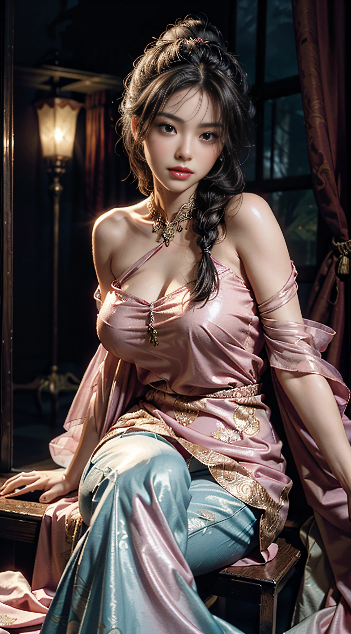 The art depicts a charming woman in a flowing, silky traditional oriental dress in pink, tight translucent trousers, decorated with intricate patterns and bright colors. Her dress drapes elegantly over her curvy figure, accentuating her seductive silhouette. She stood gracefully by the tranquil lake, bathed in the soft glow of the moonlight. The scene exudes an ethereal and dreamy atmosphere, with a touch of mystery and sexiness. The graphic style blends watercolor and digital illustration techniques to evoke a refined beauty and charm. The lights are filled with soft moonlight, casting soft highlights and shadows on her charming features. Bare thighs, wearing tight translucent pants, large breasts, three-dimensional facial features, sitting, upturned legs, side braids