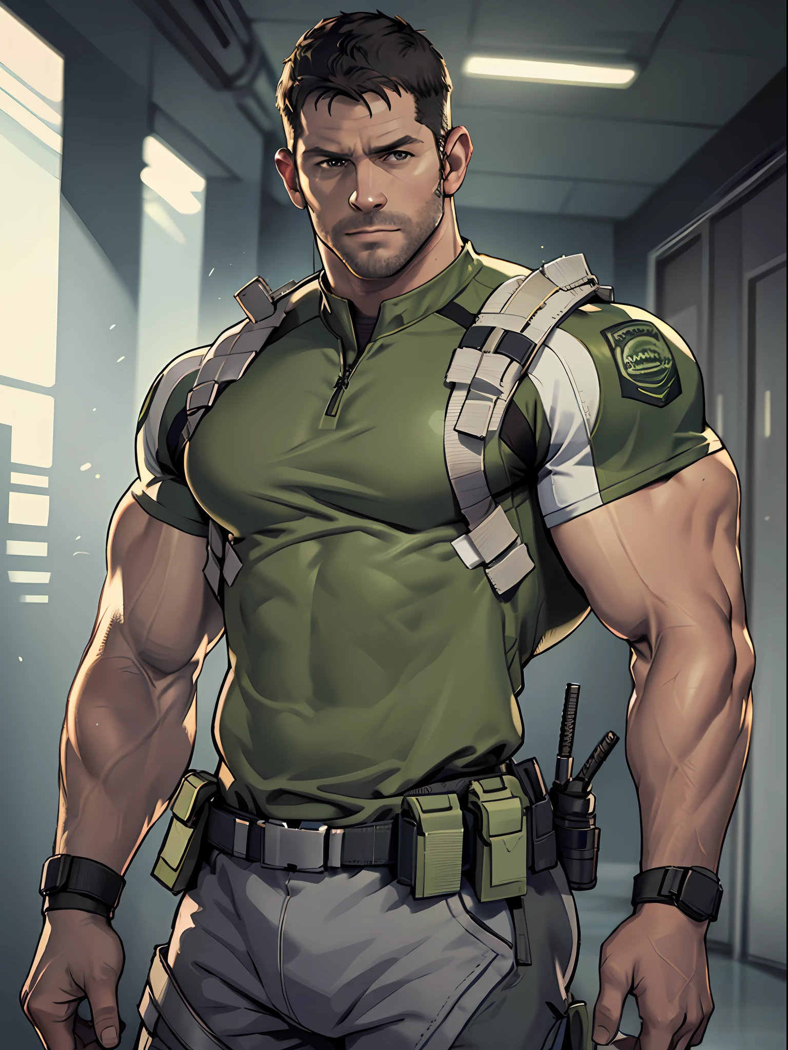 1 man, solo, 35 year old, Chris Redfield, wearing green T shirt, smirks, white color on the shoulder and a bsaa logo on the shoulder, millitary tactical suit, tall and hunk, biceps, abs, chest, best quality, masterpiece, high resolution:1.2, upper body shot, dark black gloomy hallway in the background, detailed face, shadow, volumetric lighting, center focus, low camera angle