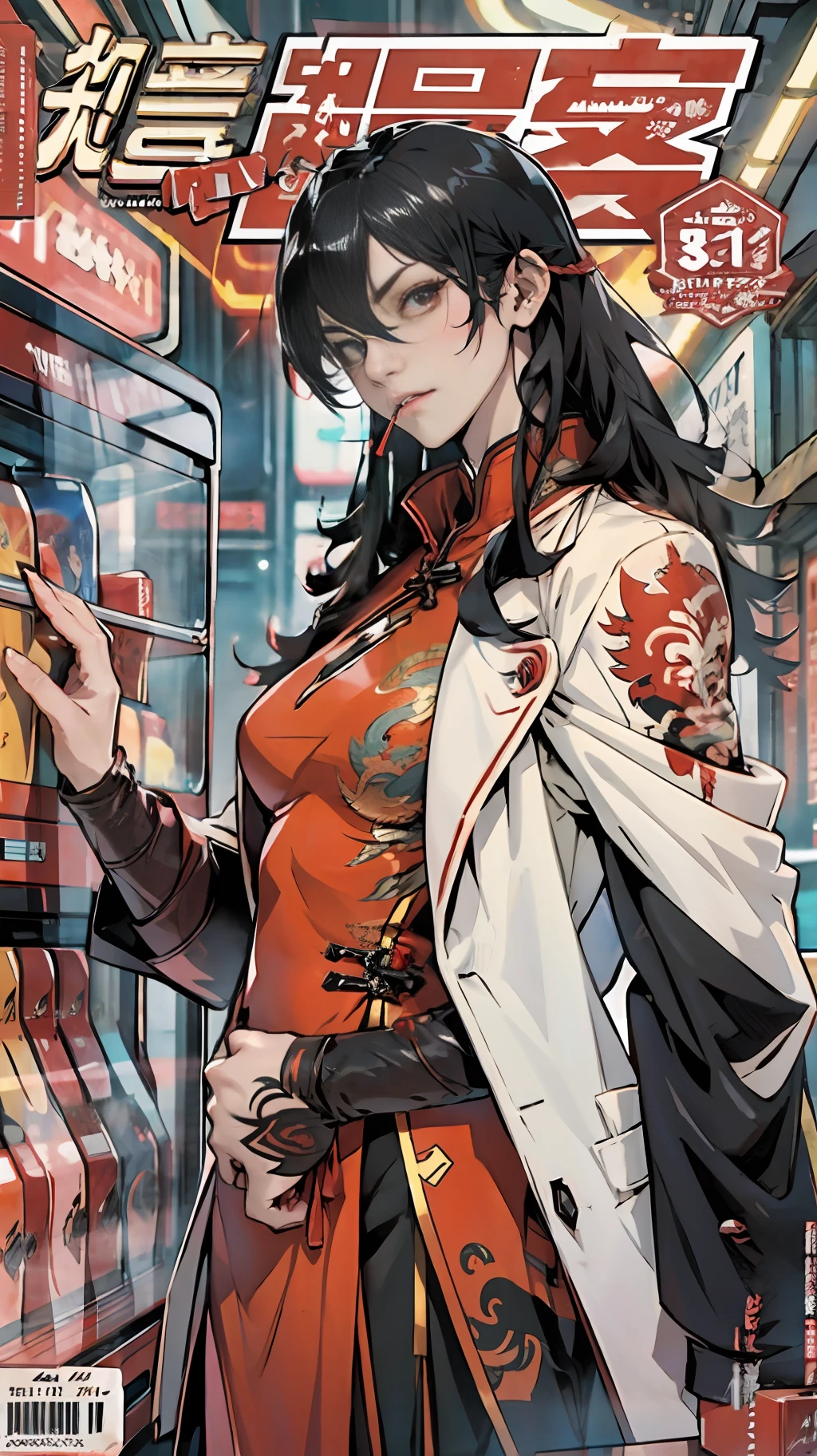 An anime magazine with tattoos as the protagonist, mature woman, white medium long hair, curly hair drooping, three-dimensional and delicate facial features, wearing a red cheongsam, draped in a black trench coat, with a dragon tattoo on his arm, leaning on a vending machine, looking down, lighting a cigarette, dark red bright eyes fierce and fierce, light red and light black background, manga art style, modern style, magazine cover, close-up