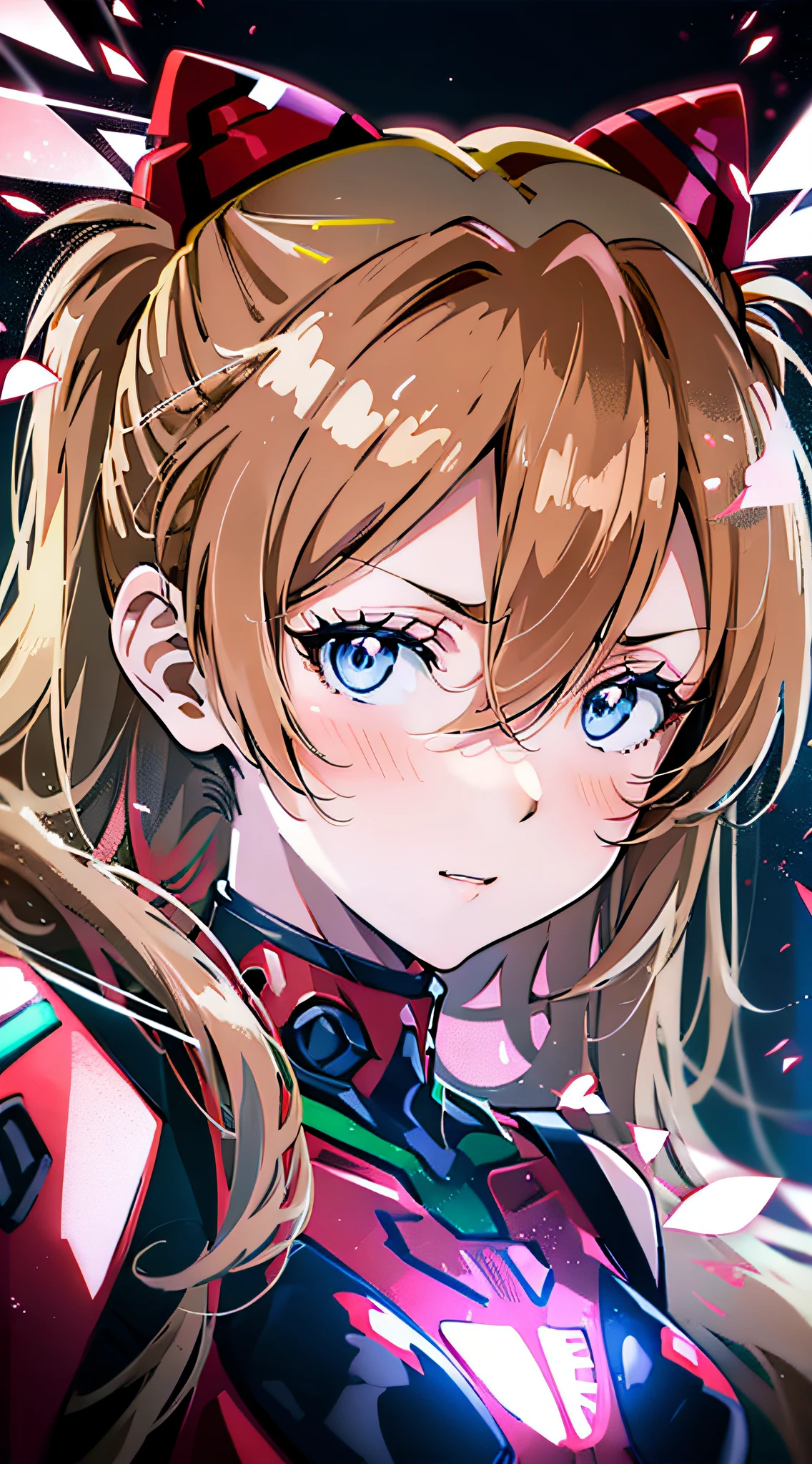 Shikiha Asuka Langre, ASUKA, Evangelion, her hair is a long blonde double ponytail, wearing a full red EVA pilot's combat suit, high heels on her feet, tsundere girl, slender, juvenile, with almond-shaped sky blue eyes, long eyelashes, shiny lips, tsundere and playful expression, full body portrait, hair bobbles, longeyelashes, light smile, ear blush, fang, blonde hair, twintails, heart-shaped pupils, Surrealism, drop shadow, stereogram, tachi-e, pov, atmospheric perspective, Futurism, anime style, cinematic lighting, sparkle, ray tracing, drop shadow, speed lines, tachi-e, diffraction spikes, f/16, 8k, super detail, ccurate, best quality, retina, masterpiece, award winning, textured skin