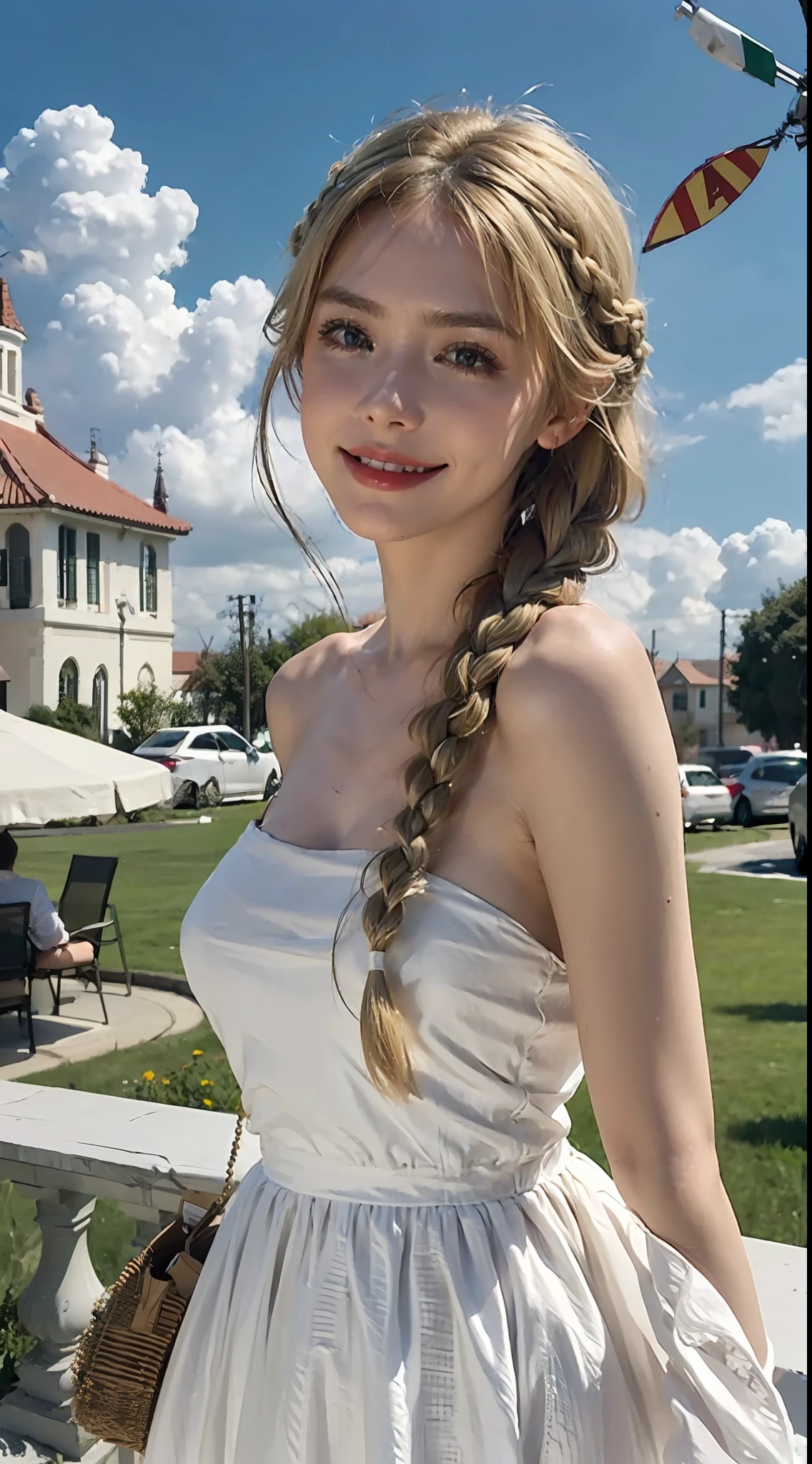 Sunshine, 1 Girl, Solo, Dress, Blonde, Green Eyes, Braids, White Dress, Reach Out, First View, Outdoor, Look at the Audience, Clouds, Bare Shoulders, Sky, Smile, Wind, Tilt, Look Down