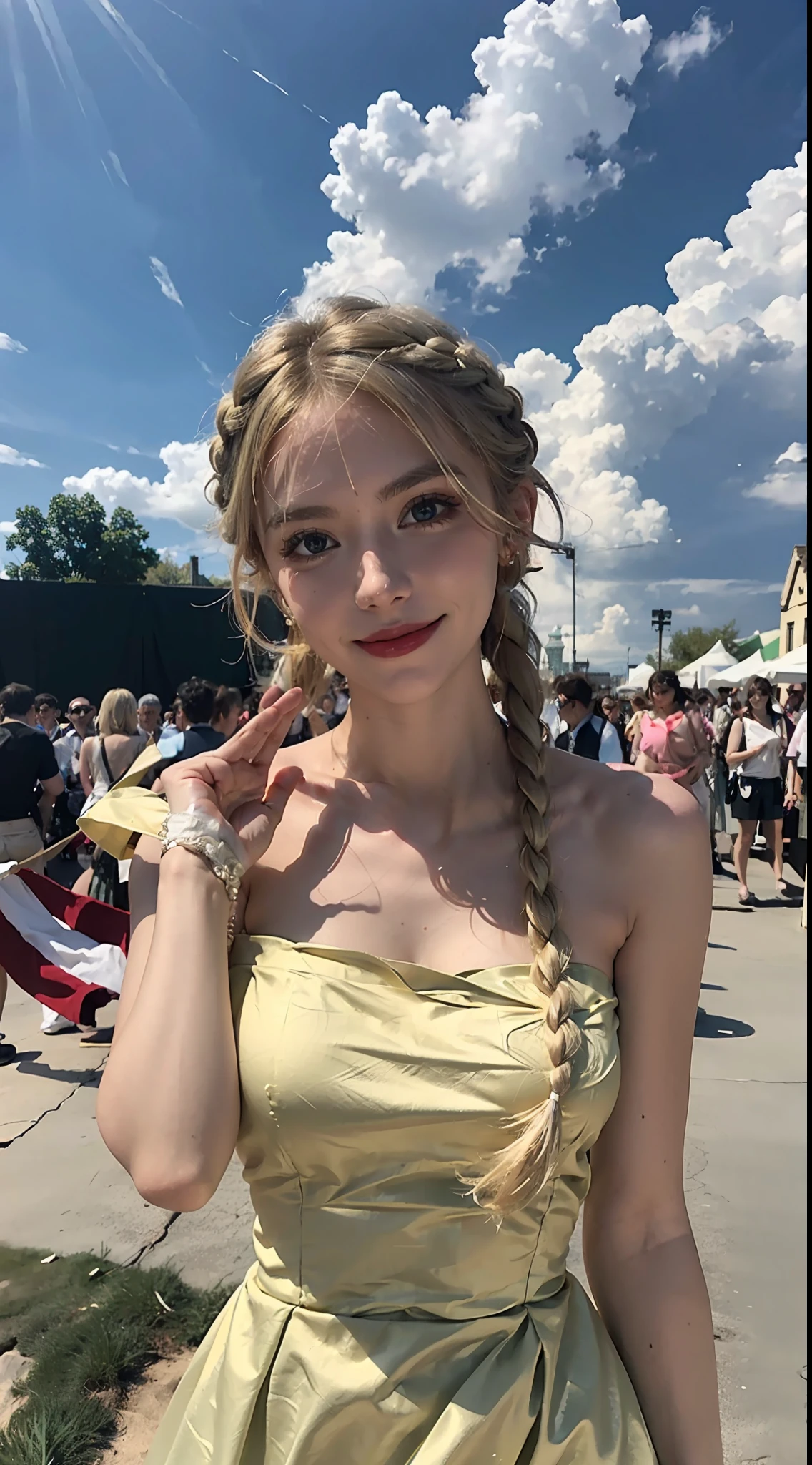 Sunshine, 1 Girl, Solo, Dress, Blonde, Green Eyes, Braids, White Dress, Reach Out, First View, Outdoor, Look at the Audience, Clouds, Bare Shoulders, Sky, Smile, Wind, Tilt, Look Down